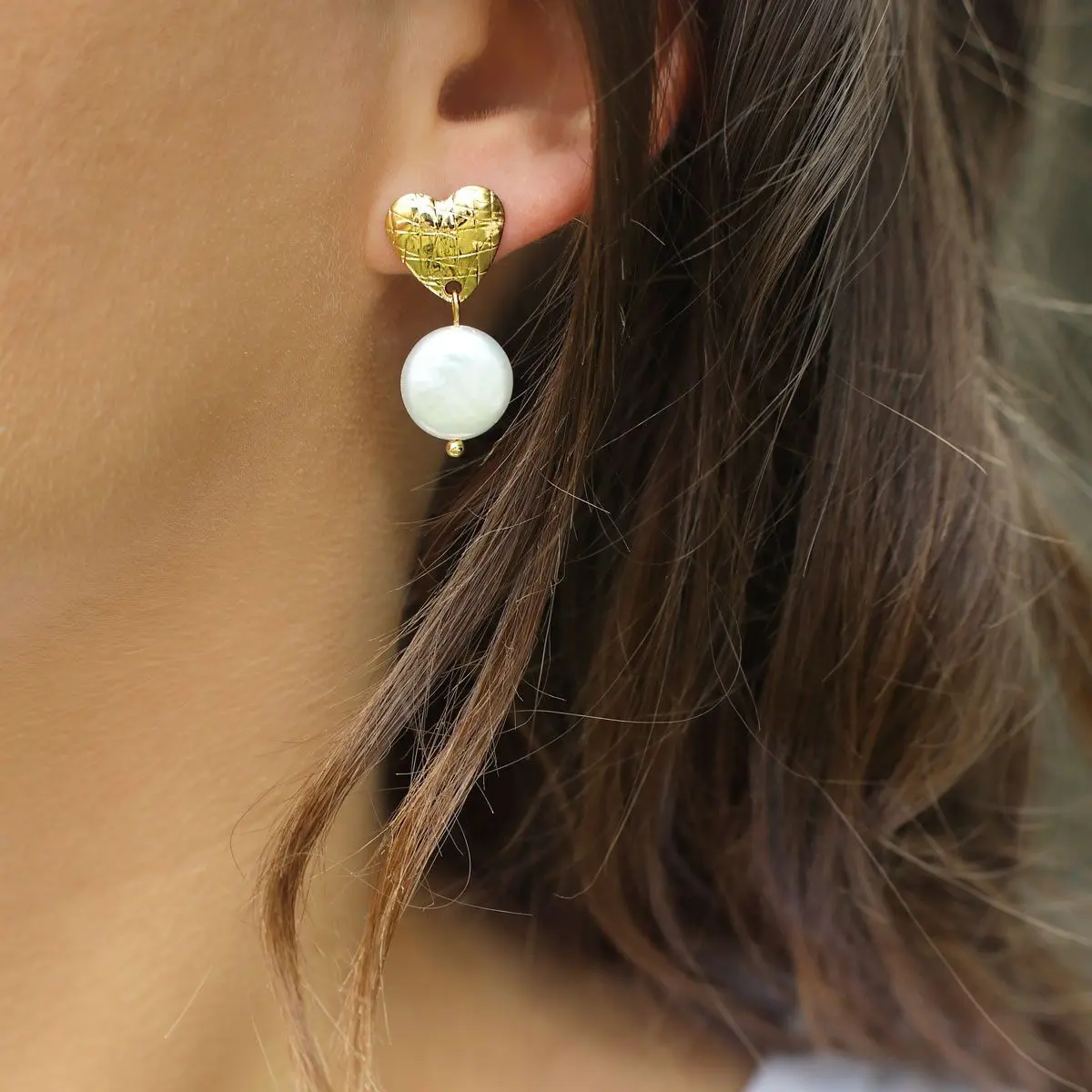 Heart and natural cultured pearl earrings