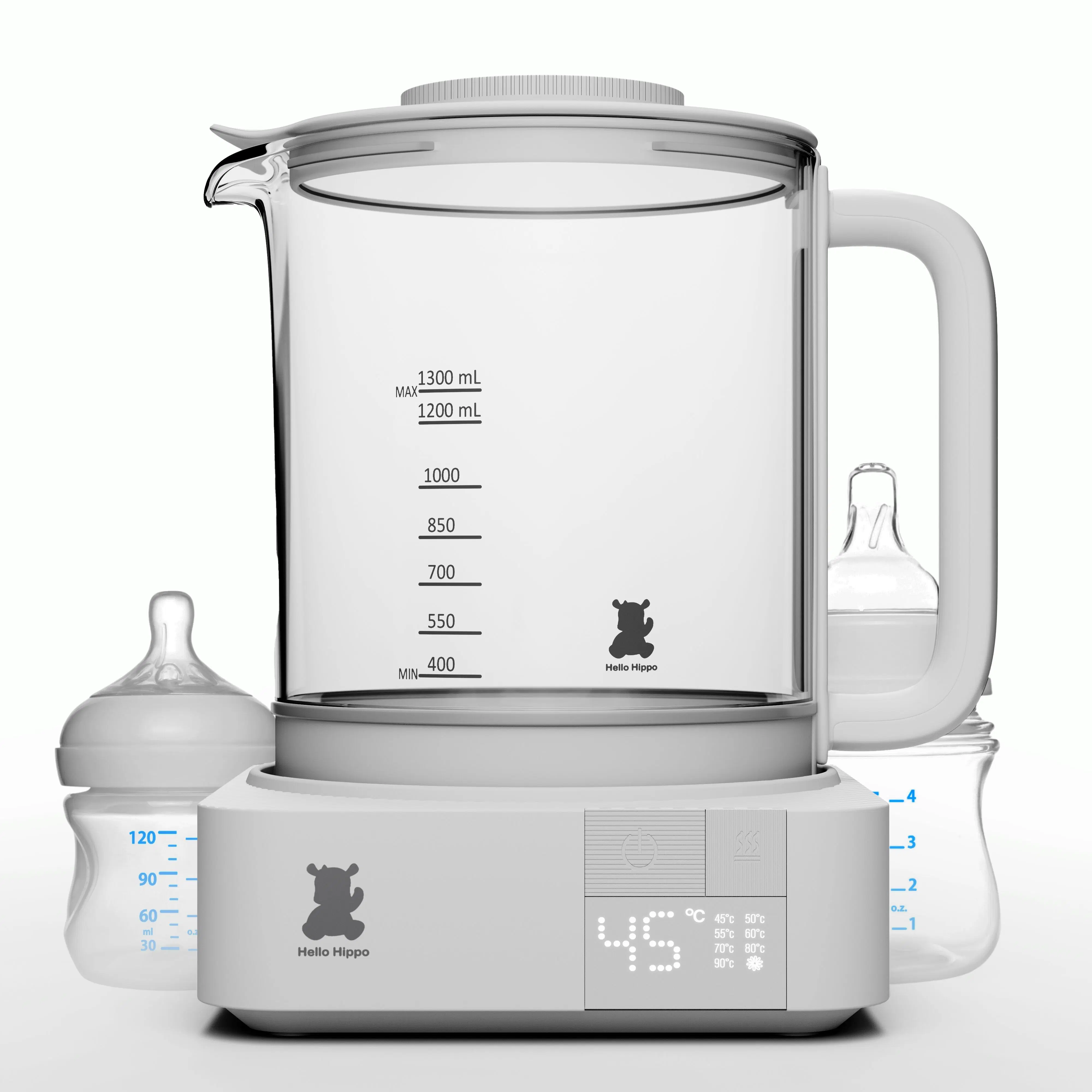 Hervidor calienta biberones de cristal 1300 mL - Bajo consumo 800W - Esterilizador de tetinas - Mantiene el calor 24 horas - Temperatura regulable 45 a 100°C - Biberón, té, chocolate, café