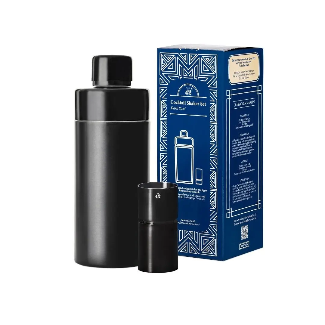 Gin42 | Set shaker per cocktail in acciaio inossidabile nero | Design unico |  500ml| Shaker e Jigger | Lavabile in lavastoviglie | Ideale come regalo o per la casa