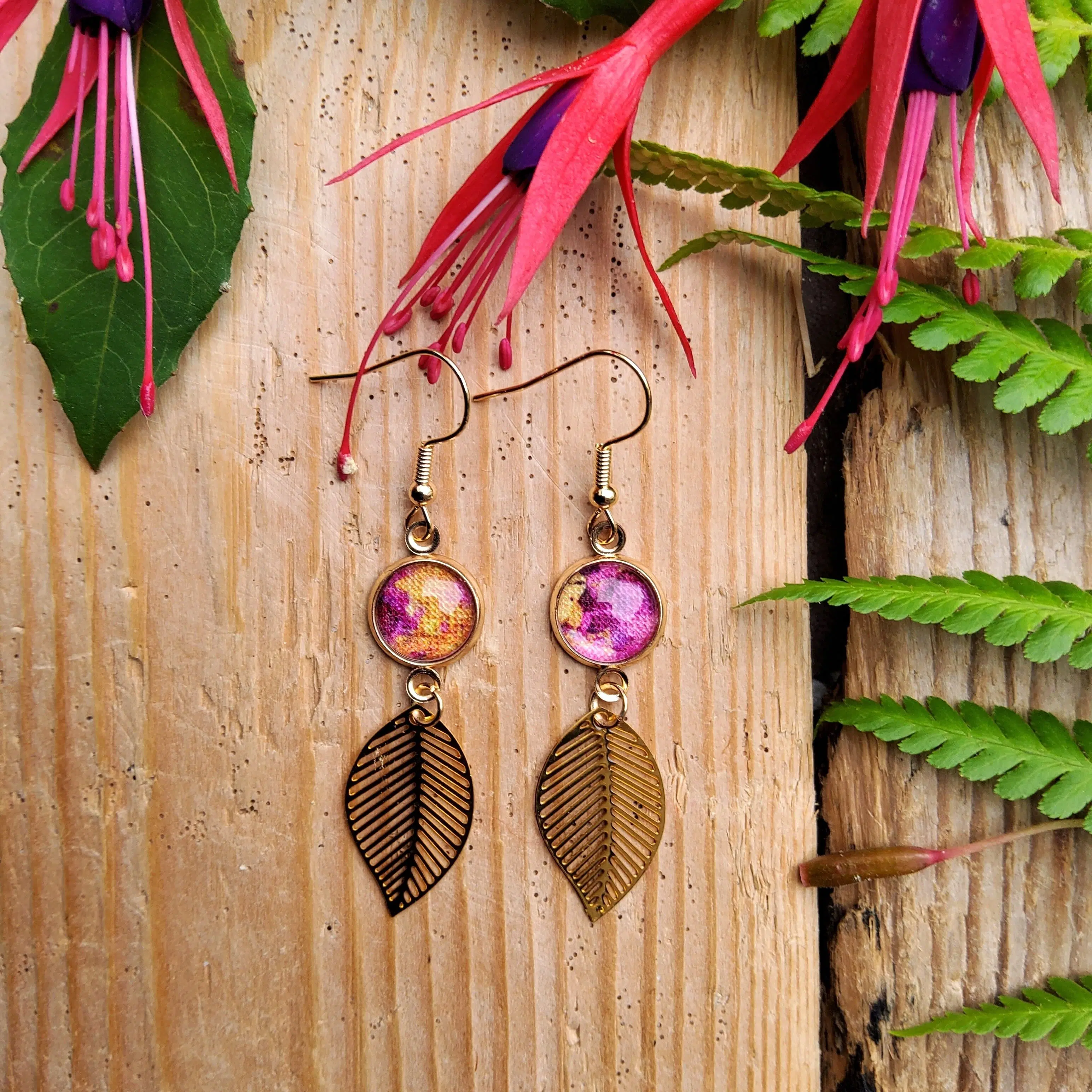 Manon fuchsia earrings, Indian tie-dye fabric, KC Gold gold-tone metal