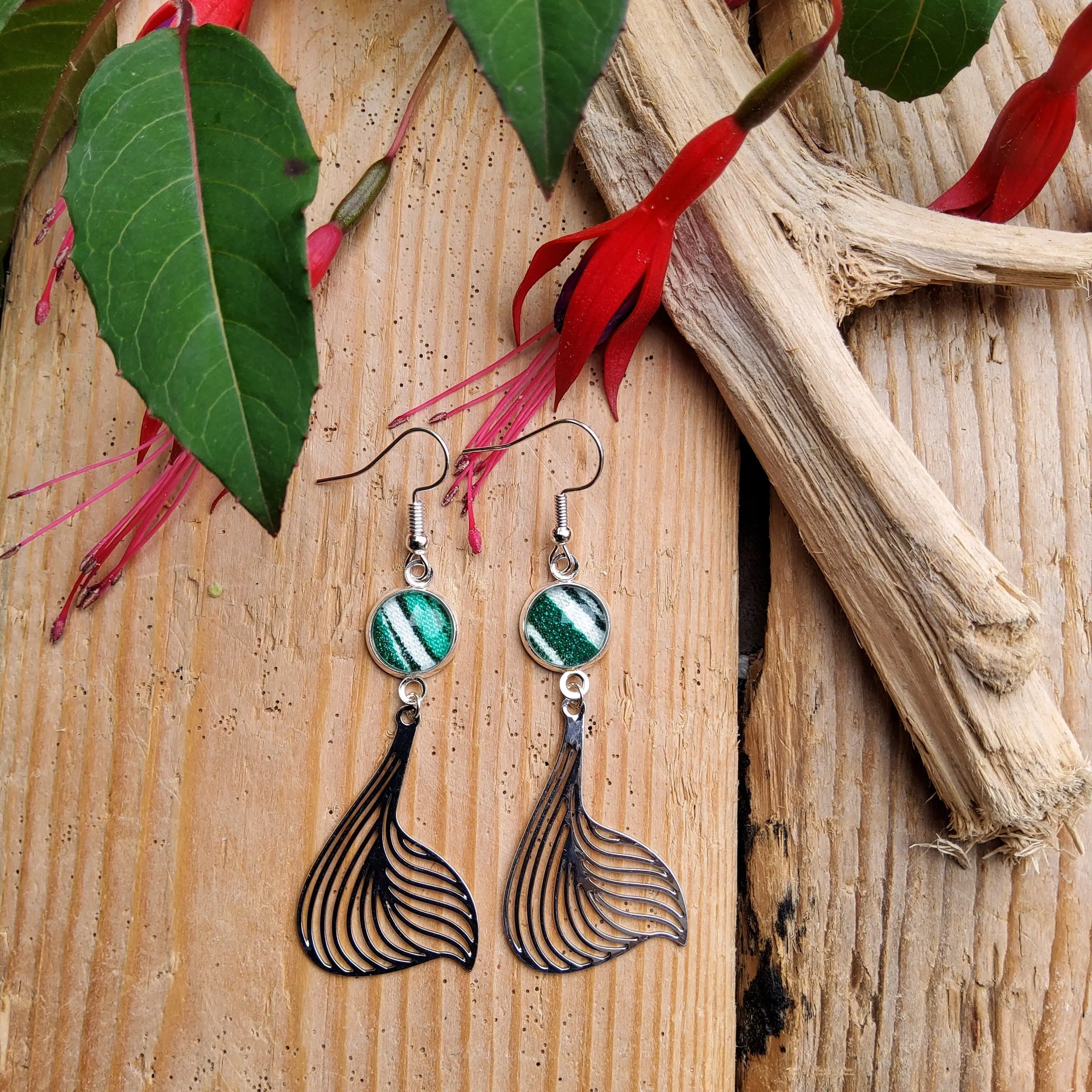 Green Ariel earrings, African wax fabric, silver metal