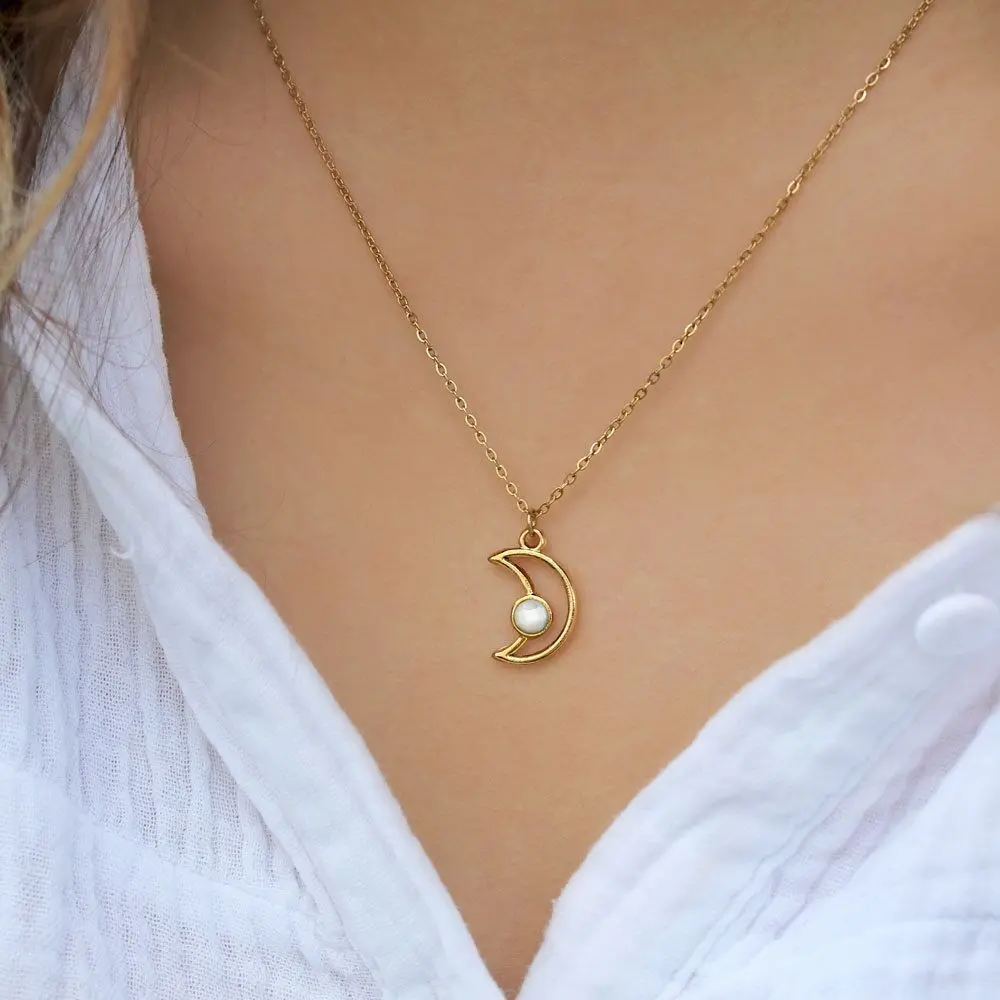 Crescent moon necklace in gold stainless steel and natural stone, Moon jewelry for women