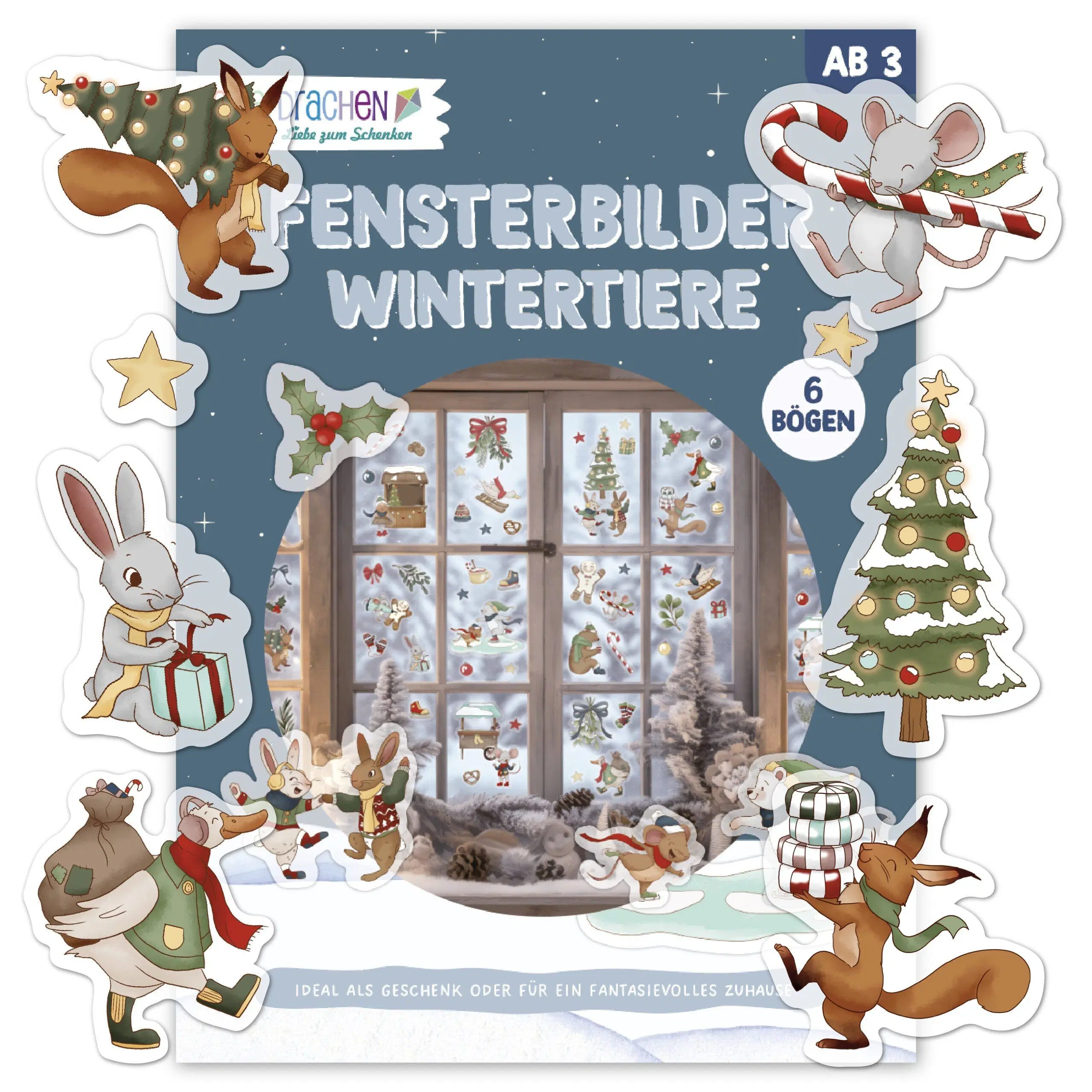 Paper dragon window stickers Christmas winter animals