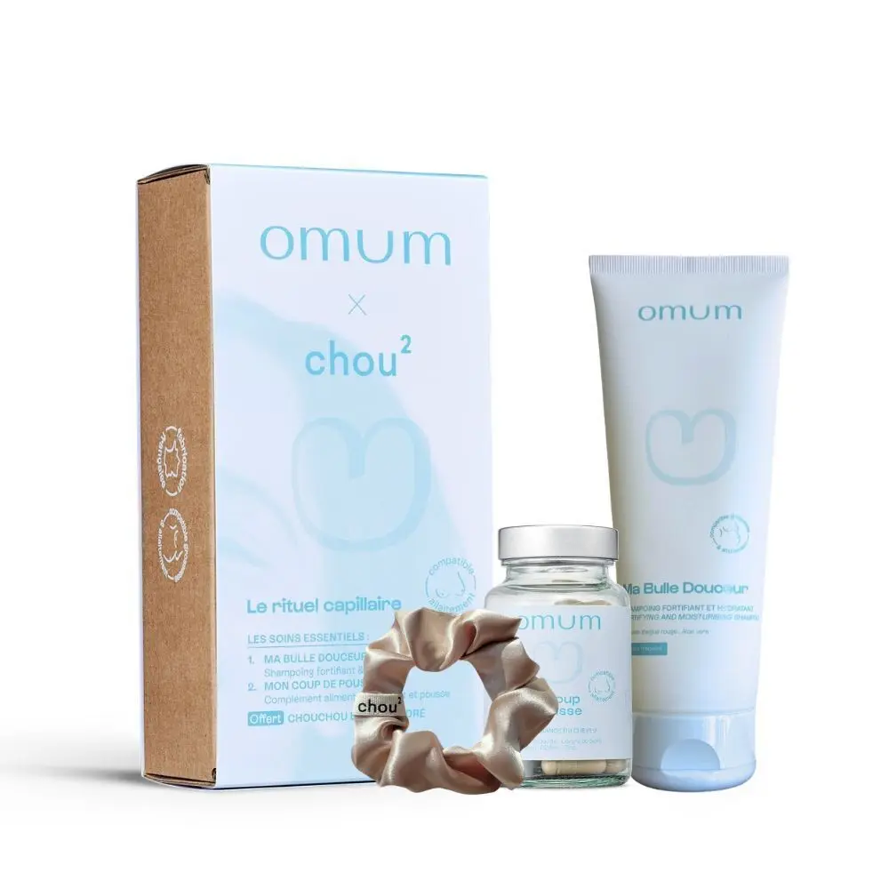 OMUM x CHOU² HAIR GROWTH GIFT BOX: 1 free satin scrunchie + 1 shampoo + 1 hair growth food supplement