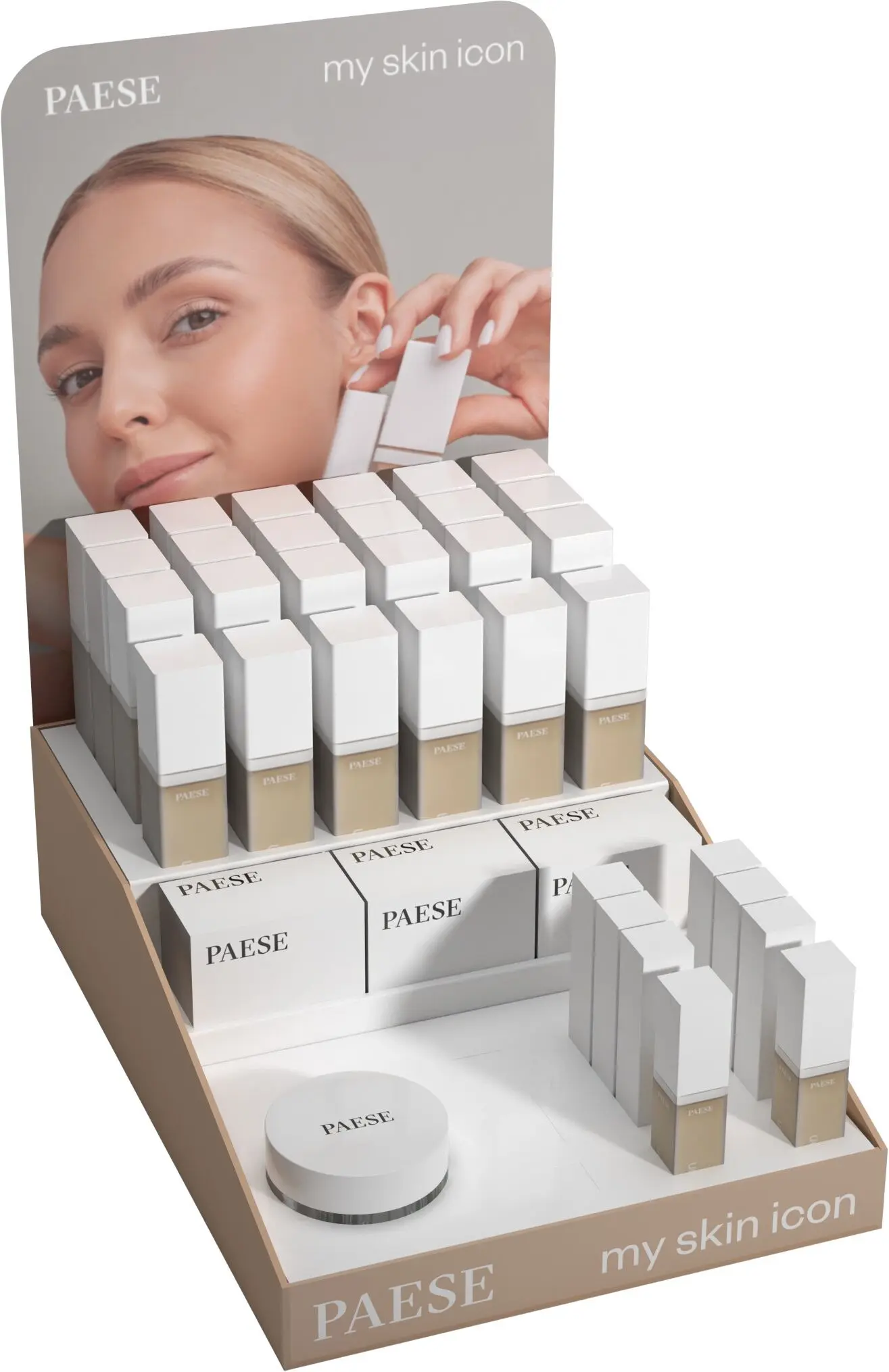Ideal para San Valentín: expositor de la colección PAESE MY SKIN ICON: base de maquillaje, polvos sueltos matificantes y corrector de alta cobertura. 27 piezas y 9 probadores. Precio de venta al público: 969 € (IVA incluido). Instalación llave en mano. EKS186+MAT761