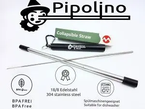 Edelstahl Teleskop Trinkhalm "Pipolino", schwarze Hülle
