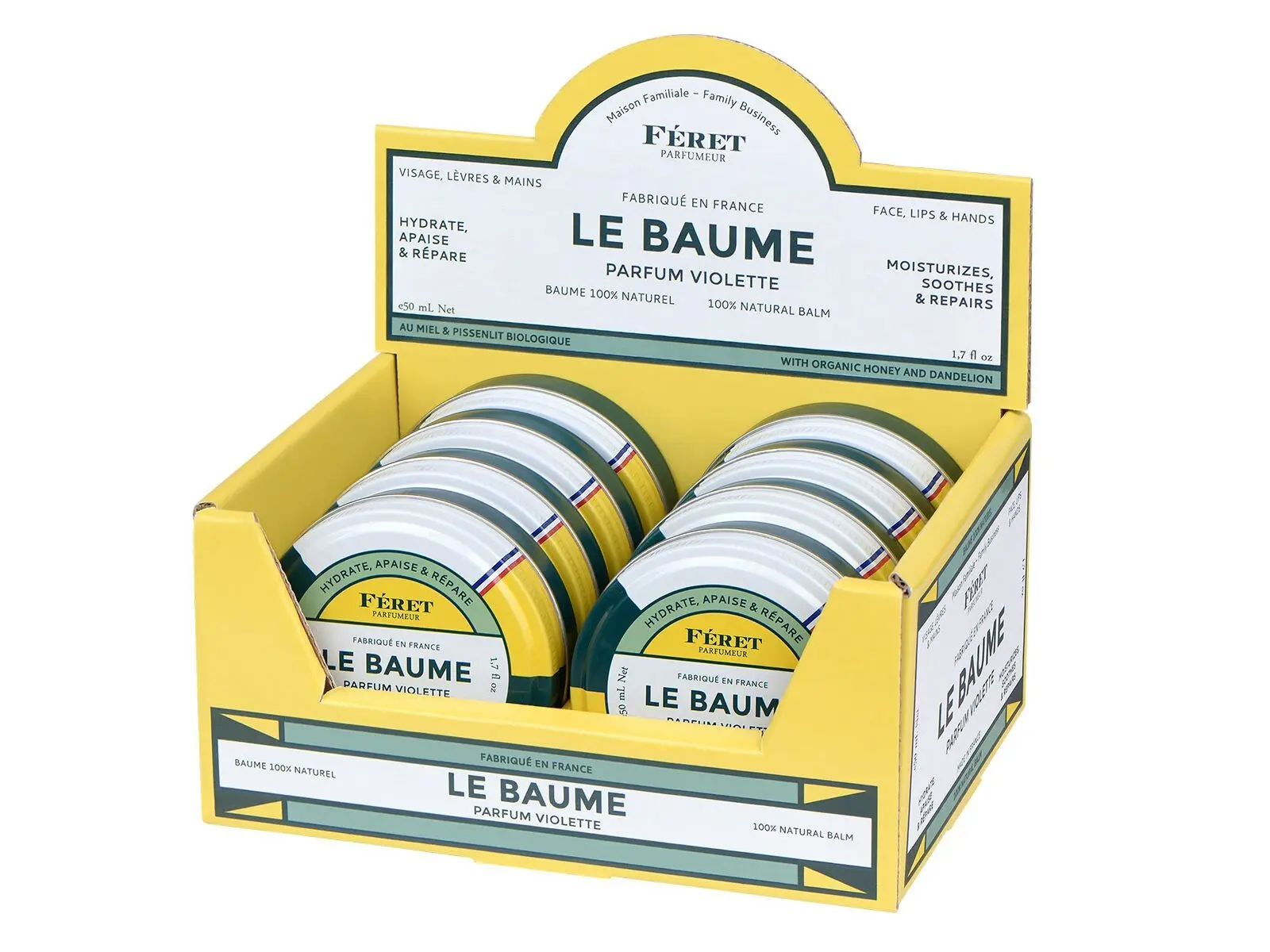 Display of 8 violet balms 50 ml