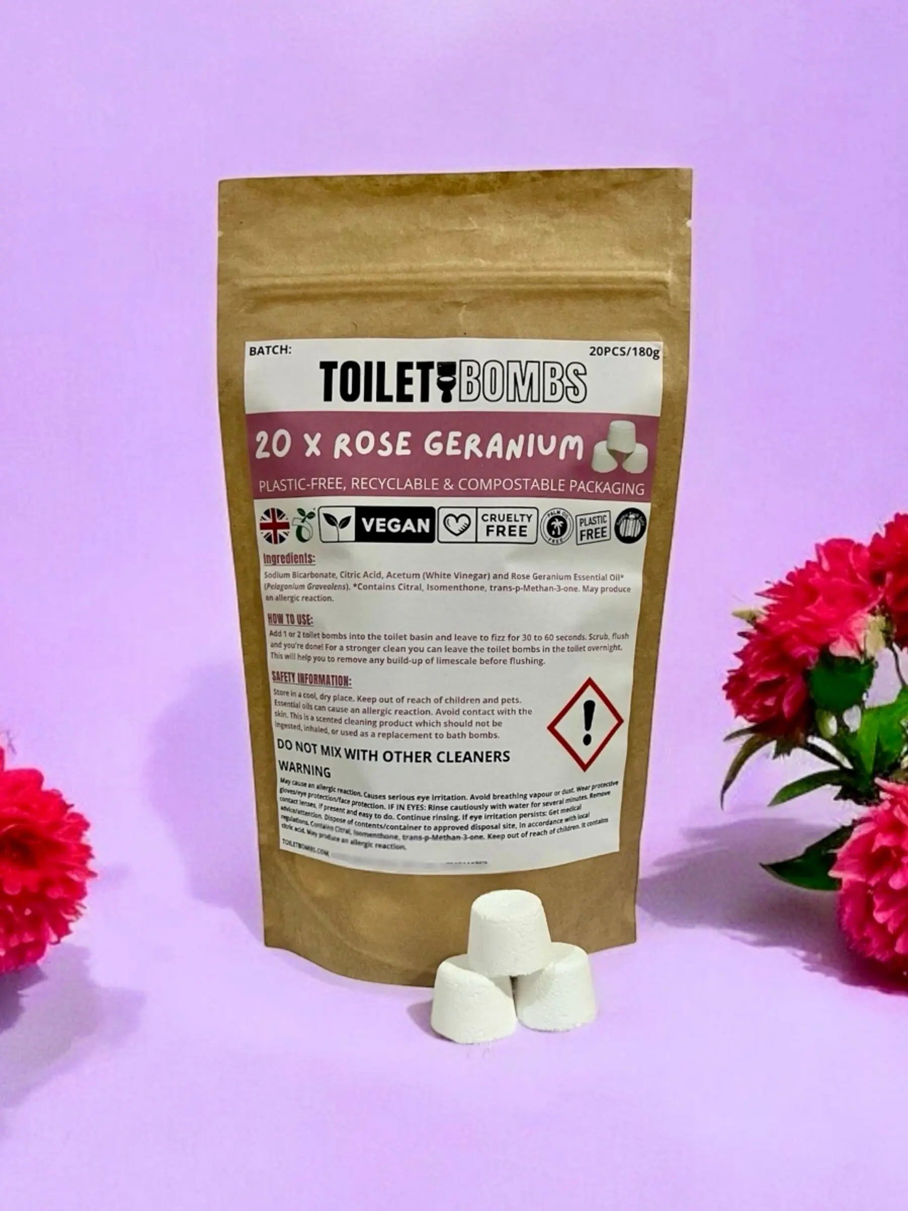 Bombas refrescantes para inodoro con aroma a geranio rosado (20 por paquete)