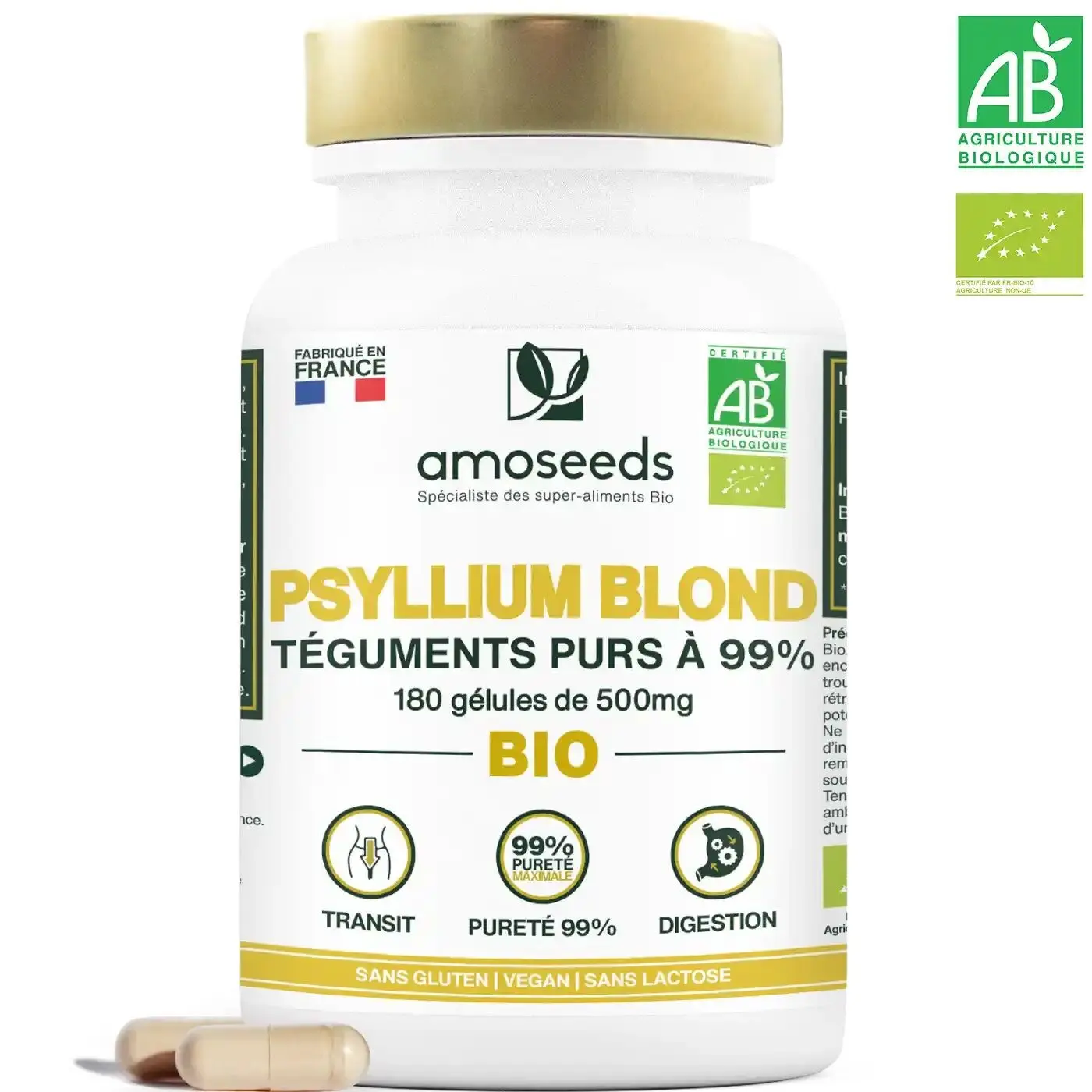 Bio-Blonde Flohsamen, 99 % reine Schalen | 180 Kapseln à 500 mg