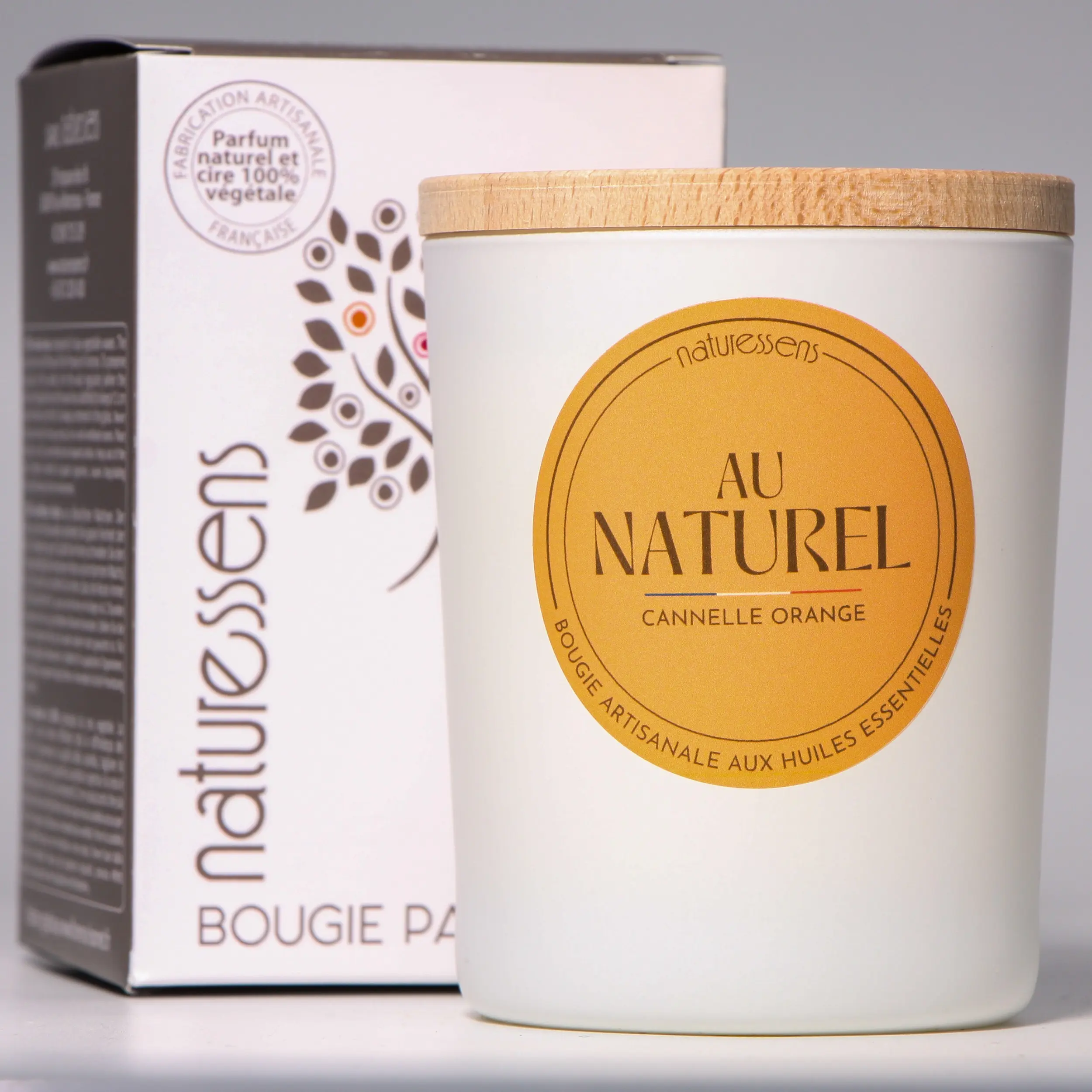 Duftkerze, Pflanzenwachs, Zimt und Orange, 165 g – Kollektion „Natur“.