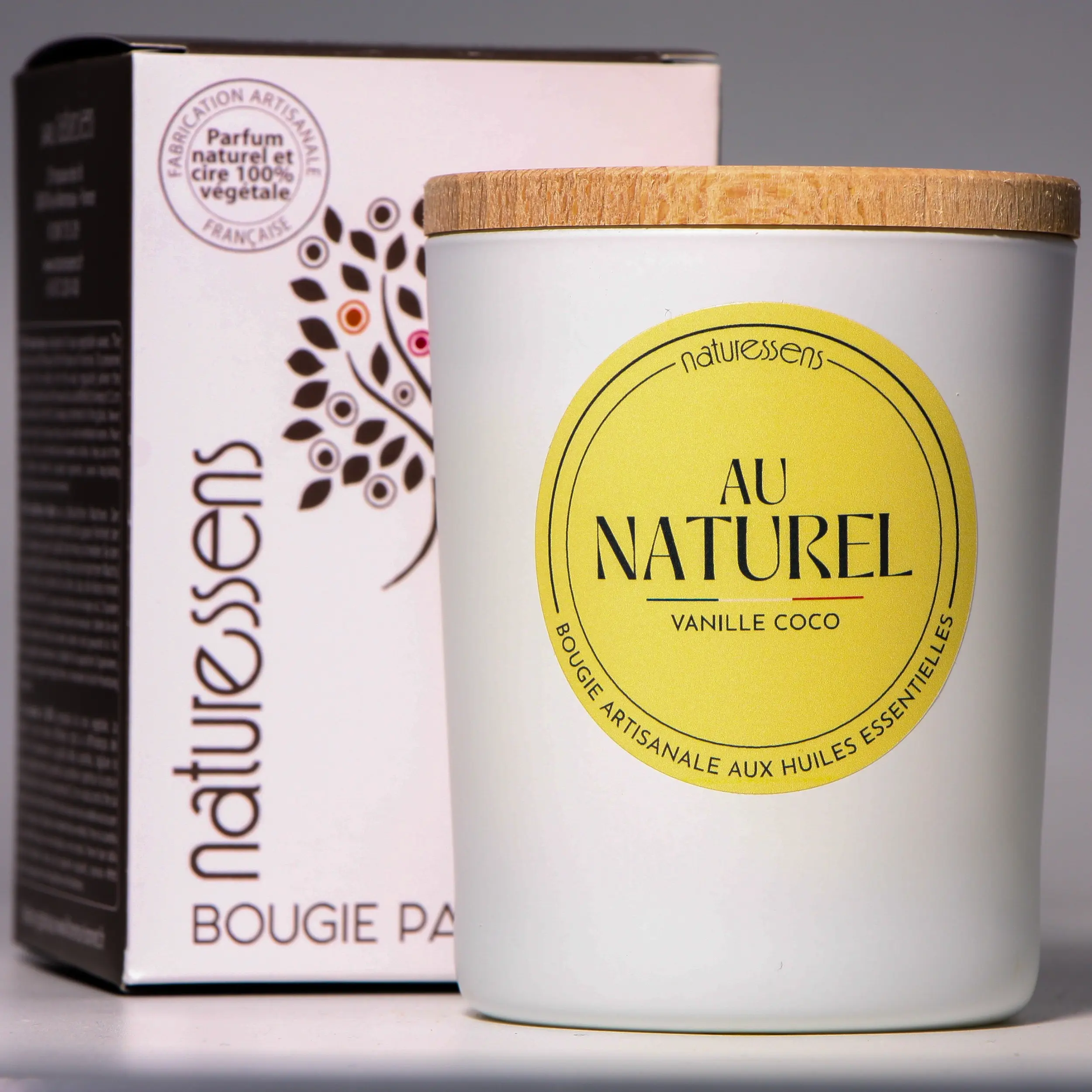 Duftkerze, Pflanzenwachs, Vanille, Kokosnuss, 165 g – Kollektion „Natur“.