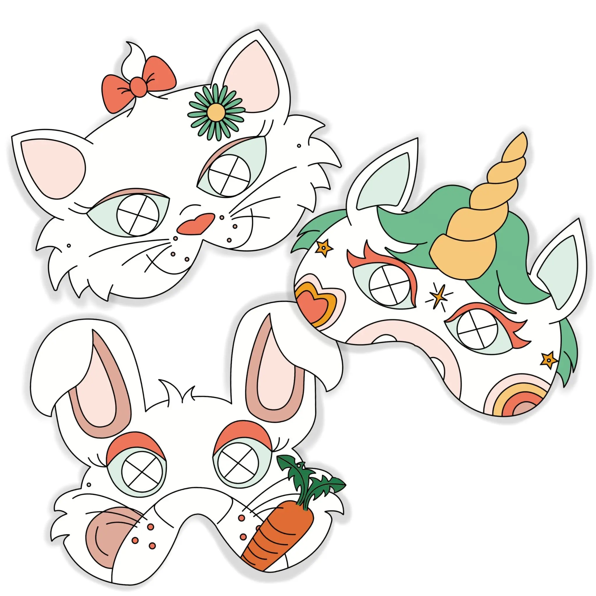 Mimi Pack: 3 Infinitely Colorable Masks for Children - Unicorn, Cat and Rabbit