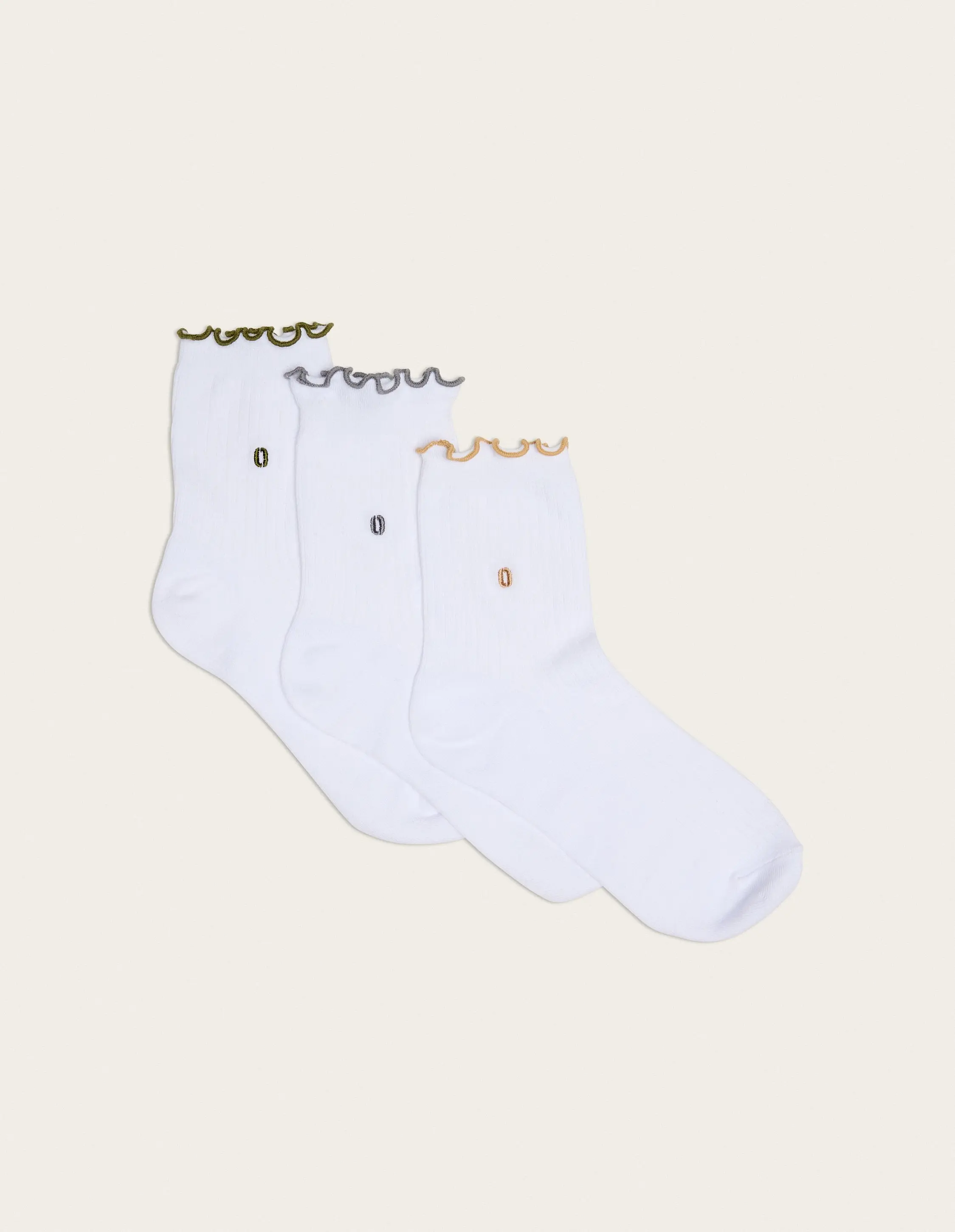 3er-Pack Socken - Grün-grau-kamelfarben mit Rüschen