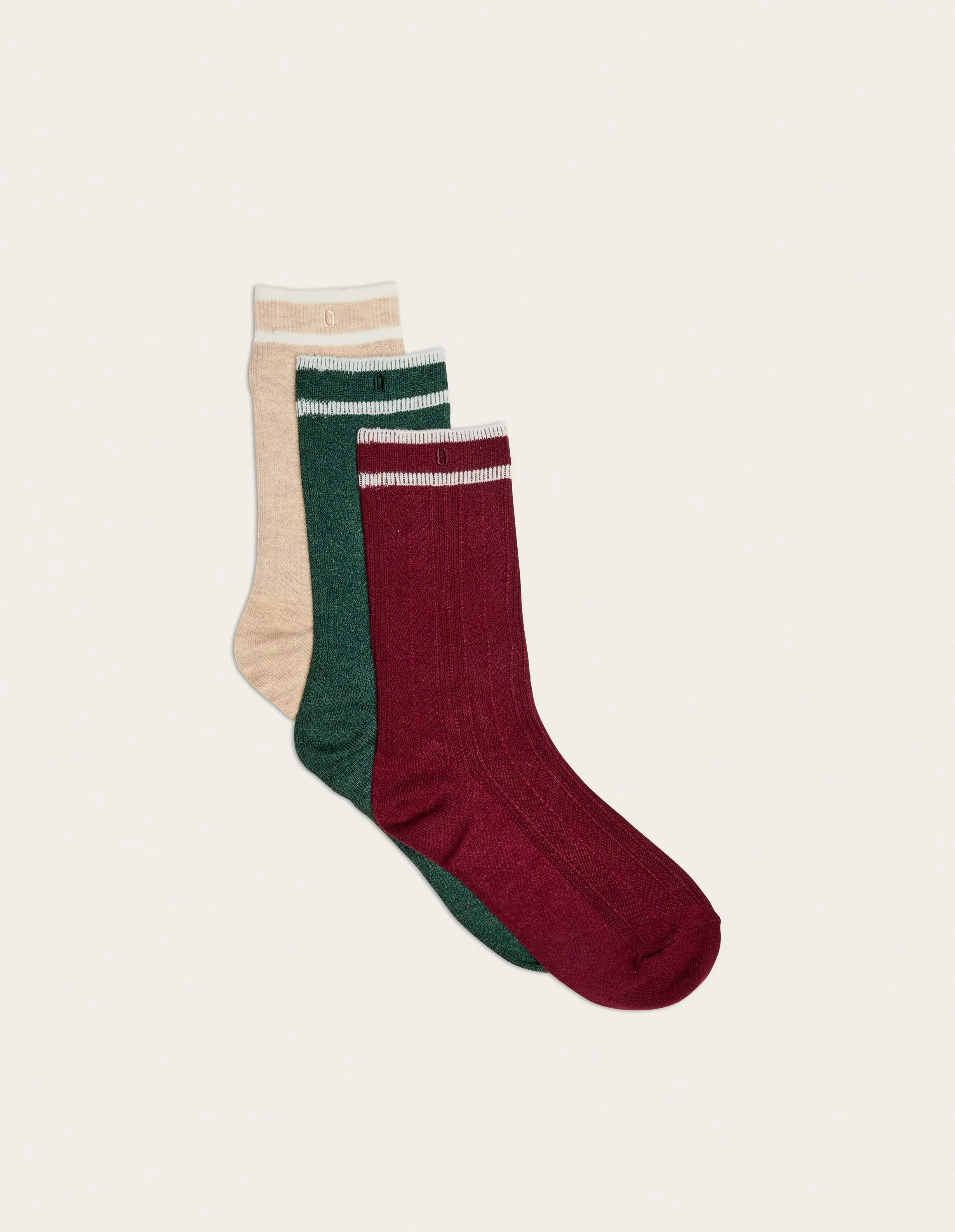 3er-Pack Socken - Dickes Beige, Grün, Burgund