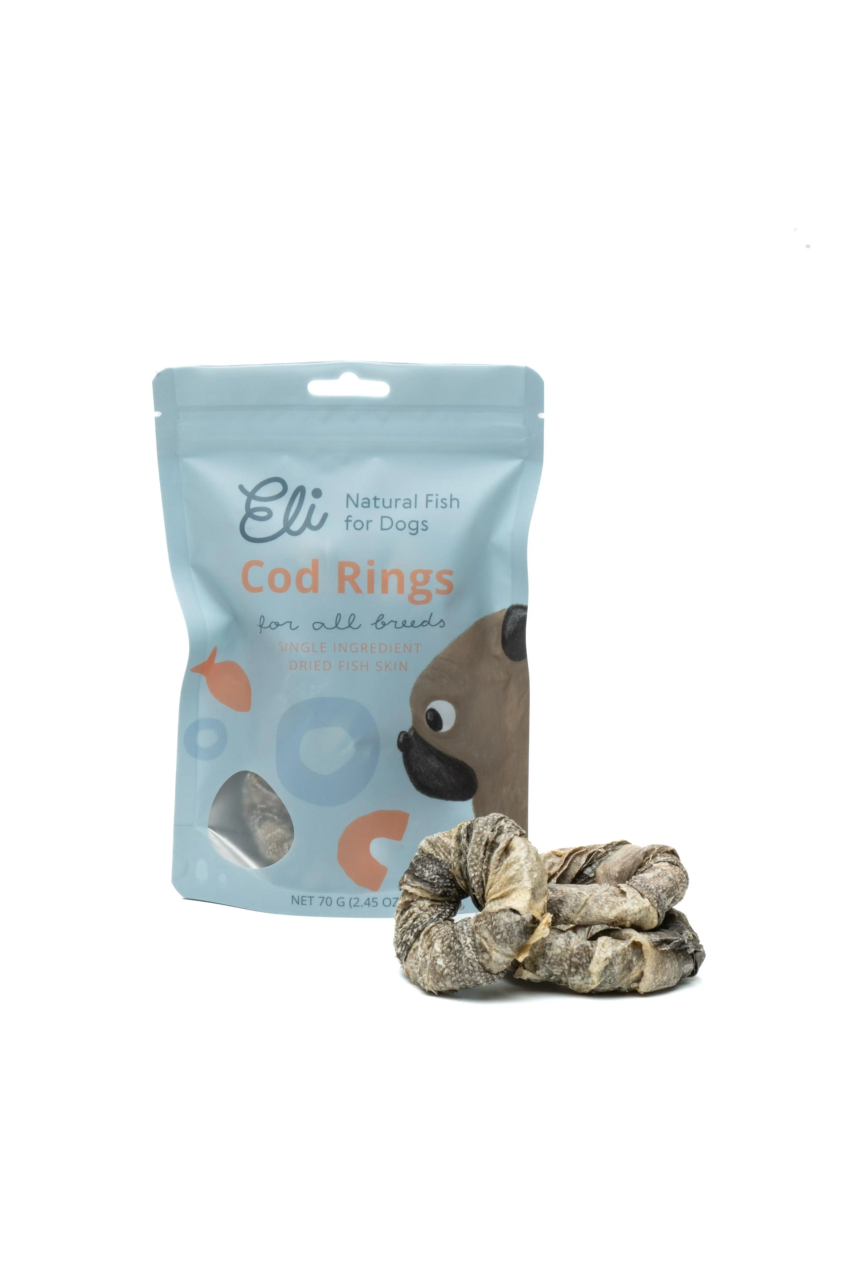Anillos de piel de bacalao secos 100% naturales para perros 70 g