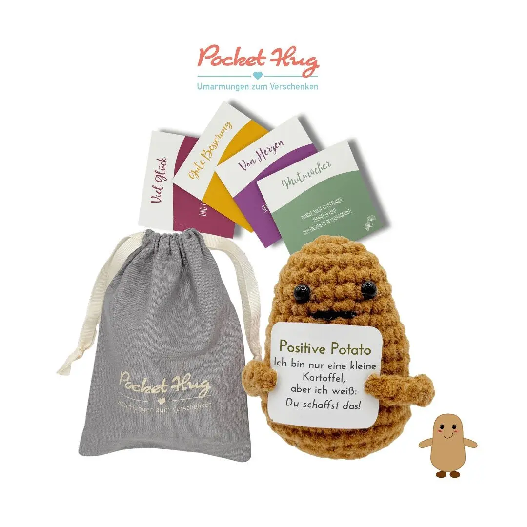 Positive Potato – "You can do it," motivational gift in a linen bag, four cards, meaningful gift, breakup, crocheted Pocked Hug