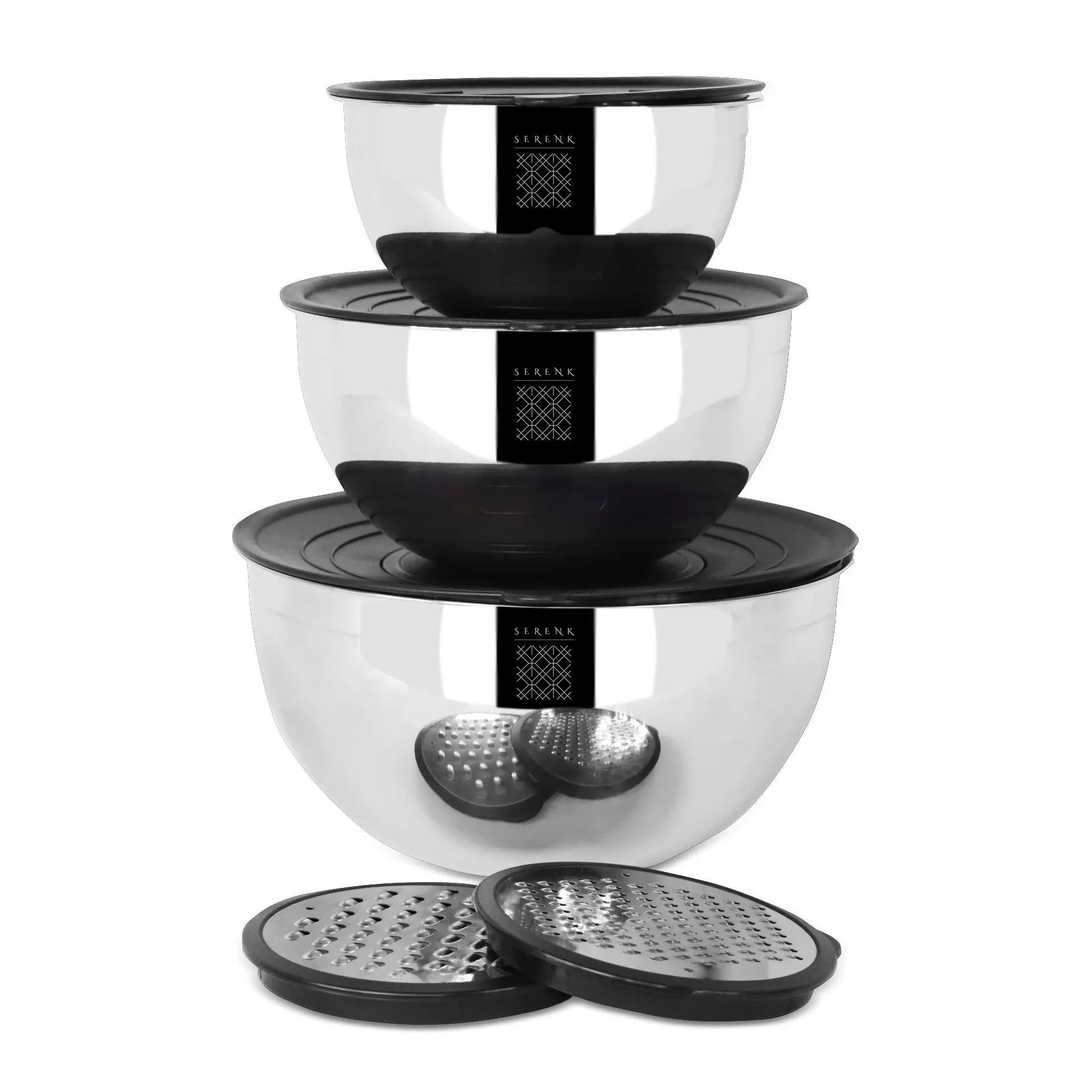 Serenk Modernist 9 pcs Stainless Steel Mixing and Storage Bowl Set with Grater