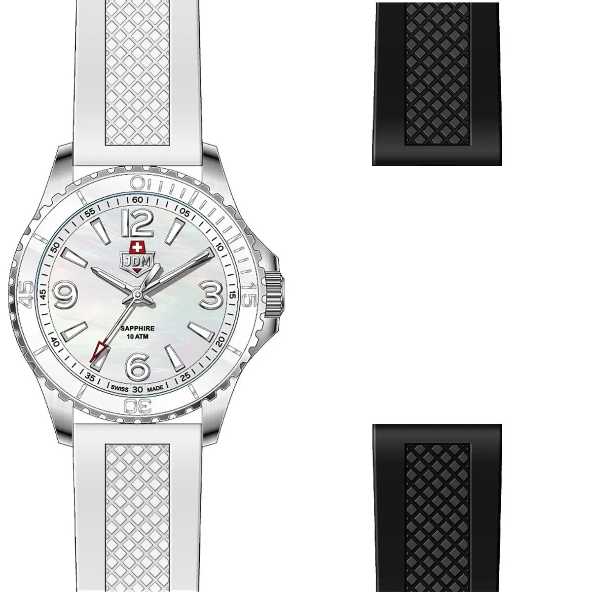 JDM Military Women – JADE – JDM-WL031-01 – Damenuhr – Schweizer Ronda 3-Zeiger-Uhrwerk – Rundes silbernes Edelstahlgehäuse – Weißer Granit und abgestufte Lünette