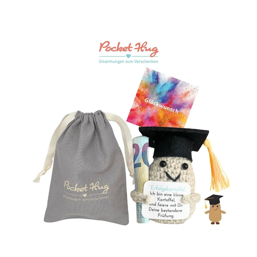 Crocheted potato for passing a degree – bachelor's degree gift, exam gift, driver's license gift, original cash gift in a linen bag with card, Pocked Hug