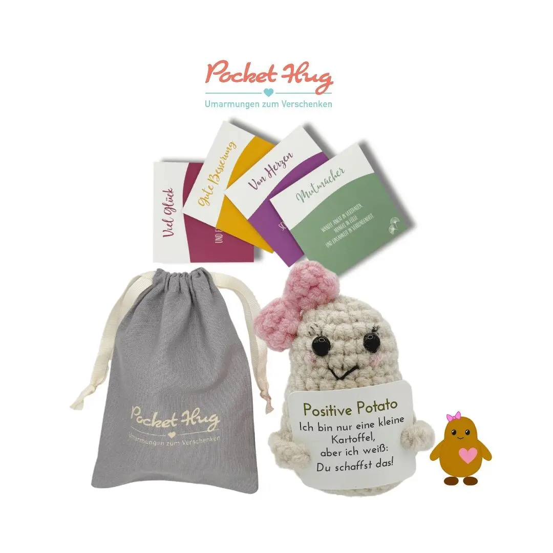 Positive Potato – Potato Girl "You can do it", motivational gift in a linen bag, four cards, crocheted, gift, Pocked Hug