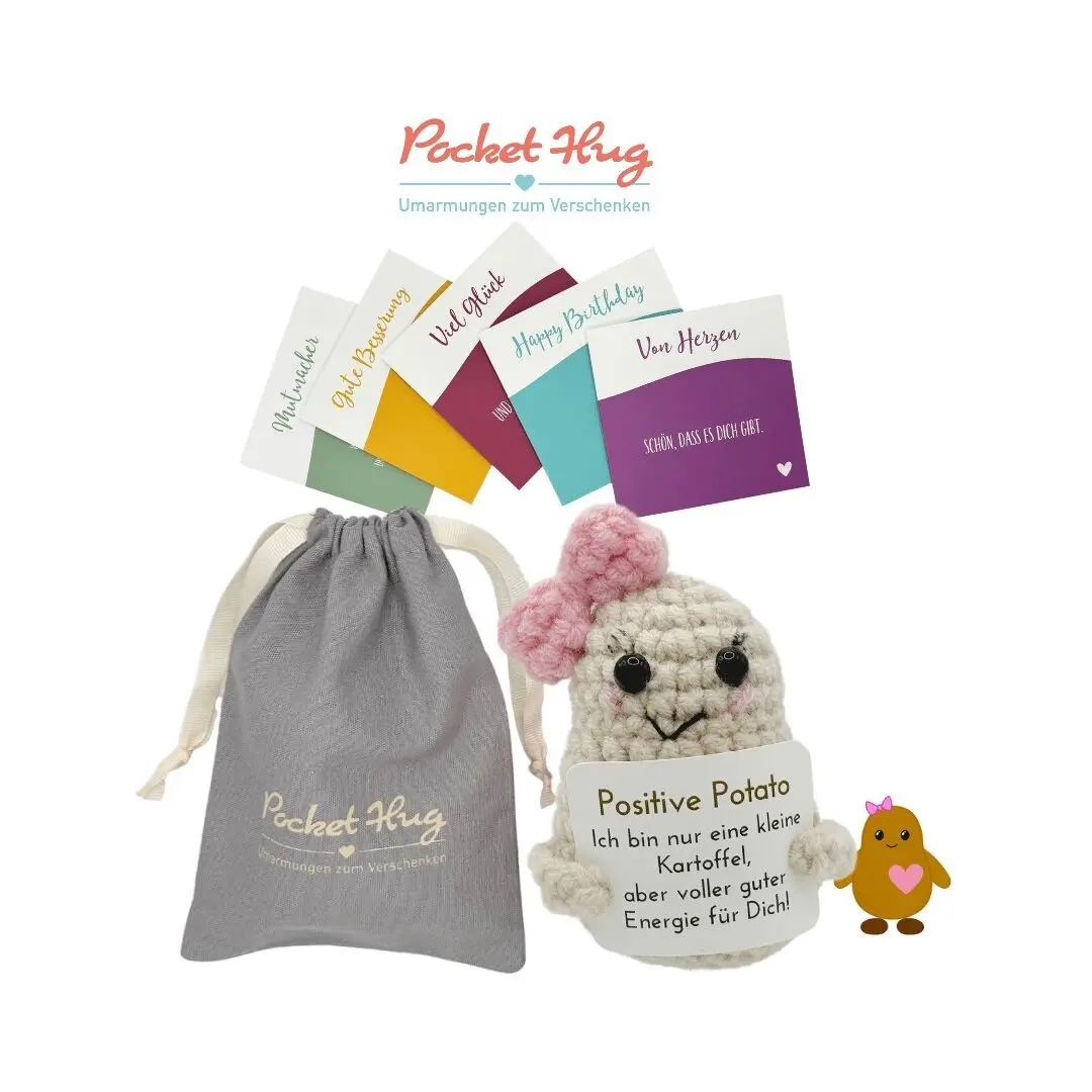 Positive Potato – "Positive Energy", potato girl, motivational gift in a linen bag, five cards, gift with meaning, crocheted, Pocked Hug