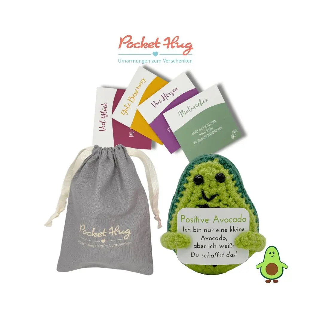 Positive Avocado – "You can do it," motivational gift in a linen bag with four cards, crocheted, gift for encouragement, Pocked Hug