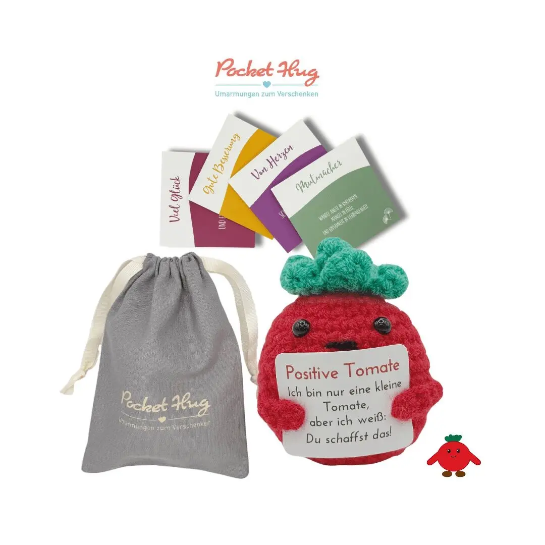 Positive Tomato – "You can do it," motivational gift in a linen bag, four cards, crocheted, encouraging gift, Pocked Hug