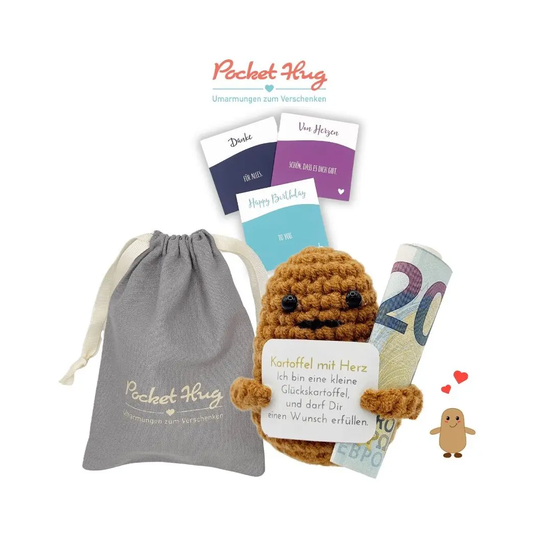 Positive Potato – "Potato with Heart", the special cash gift in a linen bag, with three cards, gift with meaning, handmade, Pocked Hug