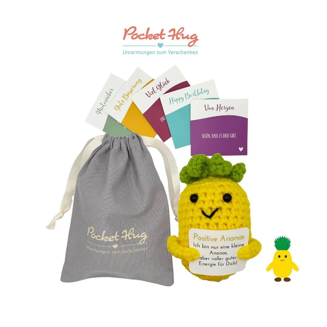 Positive Pineapple – "Positive Energy", motivation to give as a gift in an elegant linen bag, crocheted, five cards, gift with meaning, Pocketed Hug