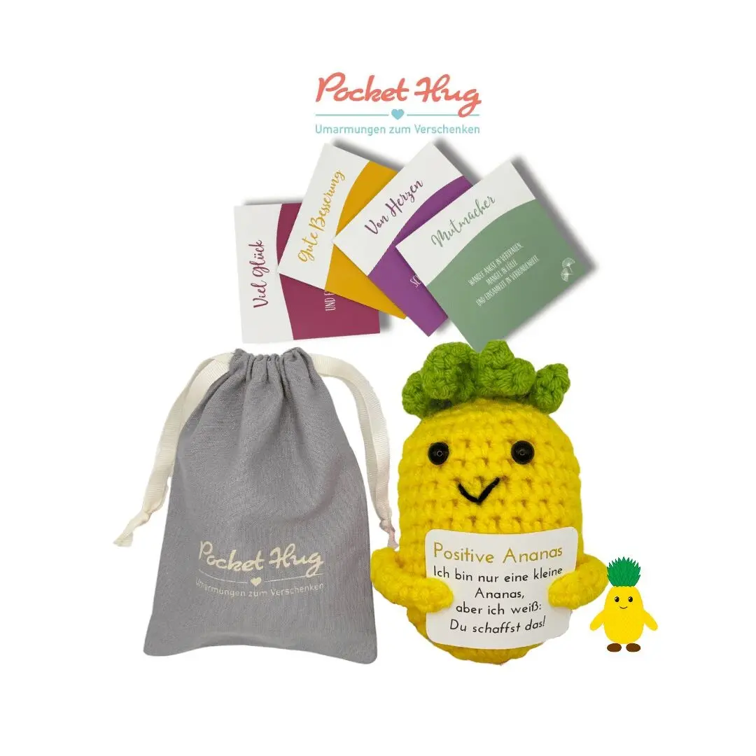 Positive Pineapple – "You can do it", motivational gift in a fine linen bag with four cards, crocheted, gift for encouragement, Pocked Hug