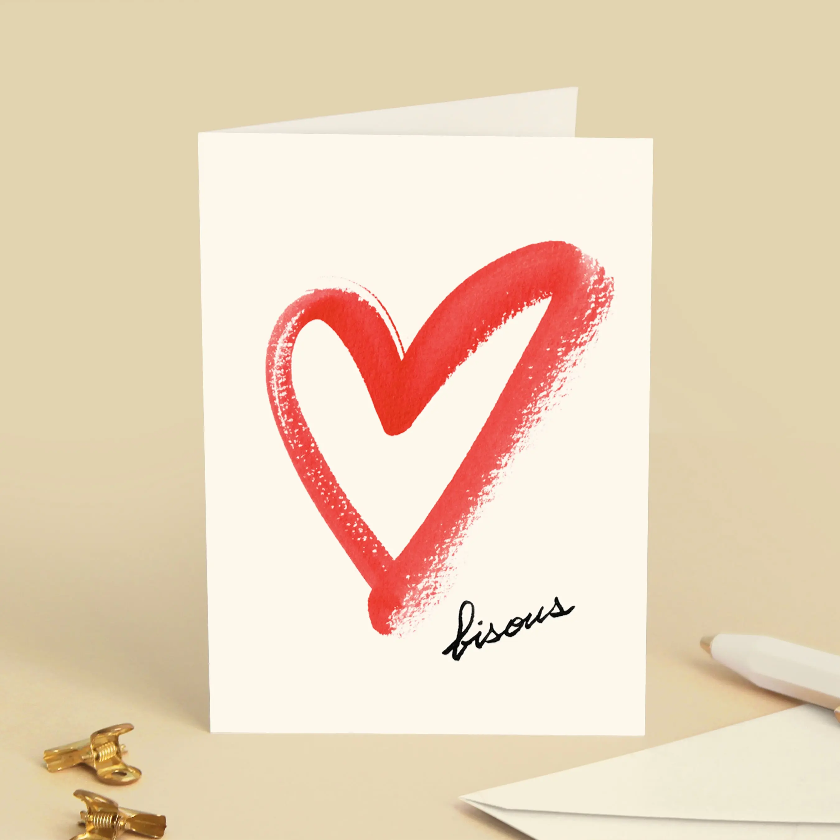 Greeting Card "Kisses" Red Heart - Love, Birthday, Party, Gift - Painting Illustration - Message in French