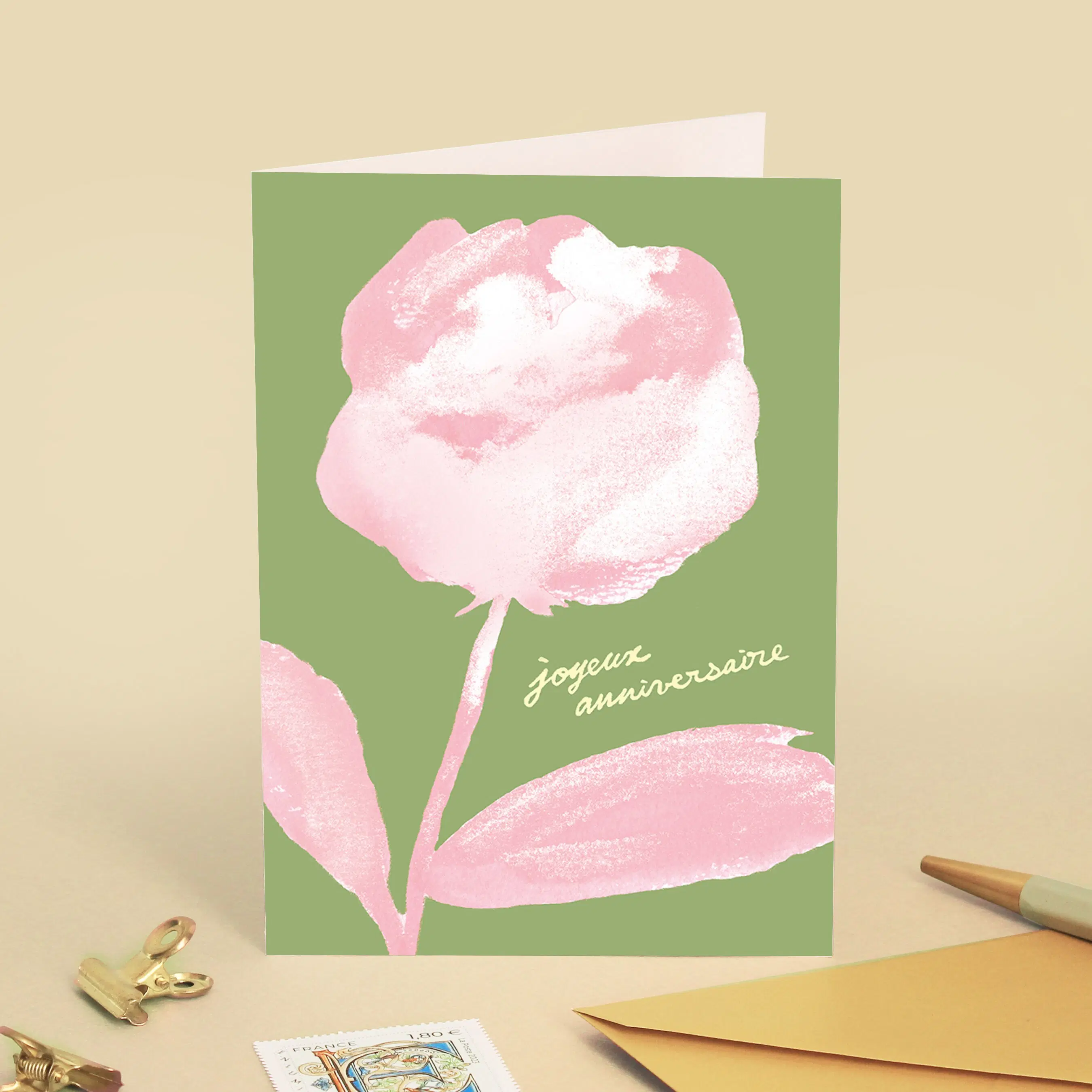"Happy Birthday" Peony Flower Greeting Card - Pink Green Gouache Illustration - Message in French