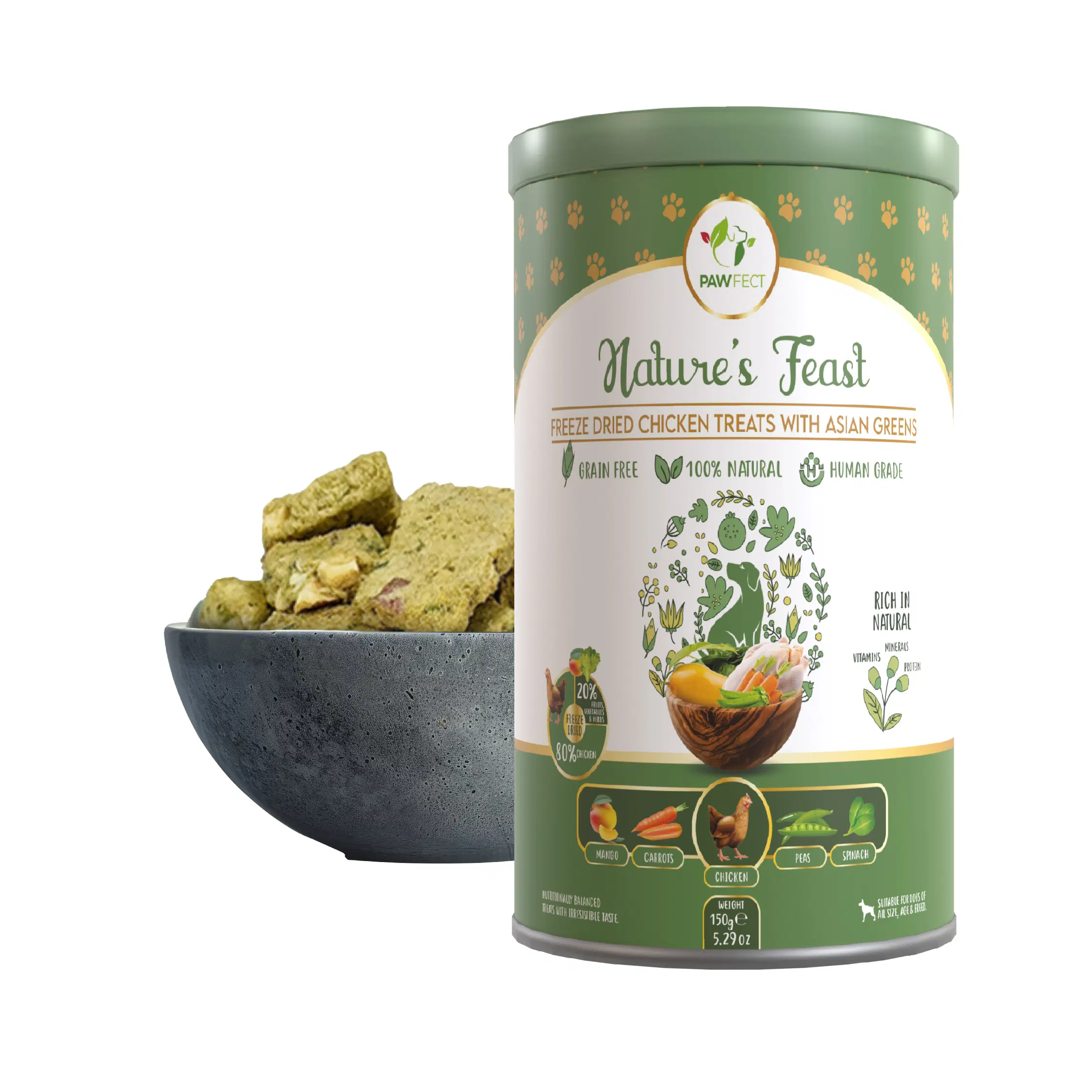 Pawfect Nature's Feast gefriergetrocknete Leckerlis mit asiatischem Gemüse für Hunde | 80 % Huhn, 20 % Gemüse und Obst | 100 % natürlich | Getreidefrei | Proteinreich | Trainingsleckerli mit begrenzten Zutaten (150 g/5.29 Unzen)