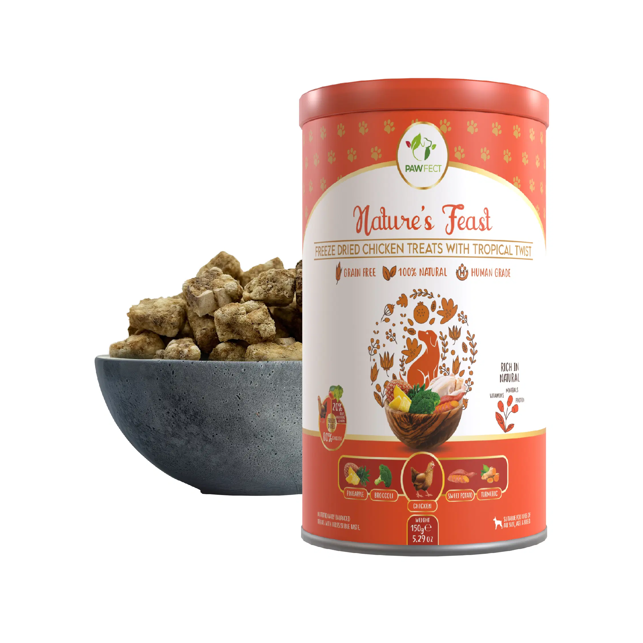 Pawfect Nature's Feast Tropical Twist gefriergetrocknete Hühnchen-Leckerlis für Hunde | 80 % Hühnchen, 20 % tropische Früchte und Gemüse | 100 % natürlich | Getreidefrei | Proteinreicher Trainings-Leckerli (150 g/5.29 Unzen)