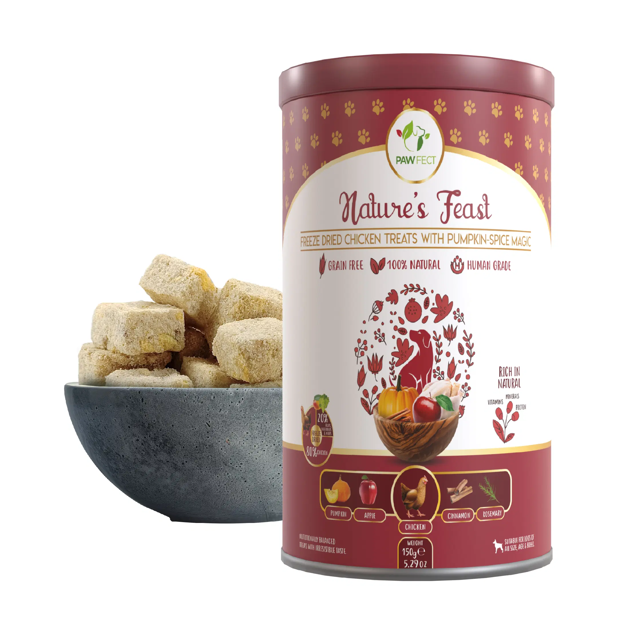 Pawfect Nature's Feast Pumpkin Spice Magic gefriergetrocknete Hühnerleckerlis für Hunde | 80 % Huhn, 20 % Kürbisgewürz | Hypoallergen | Getreidefrei | Stärkt das Immunsystem | Unterstützt die Verdauung (150 g/5.29 Unzen)