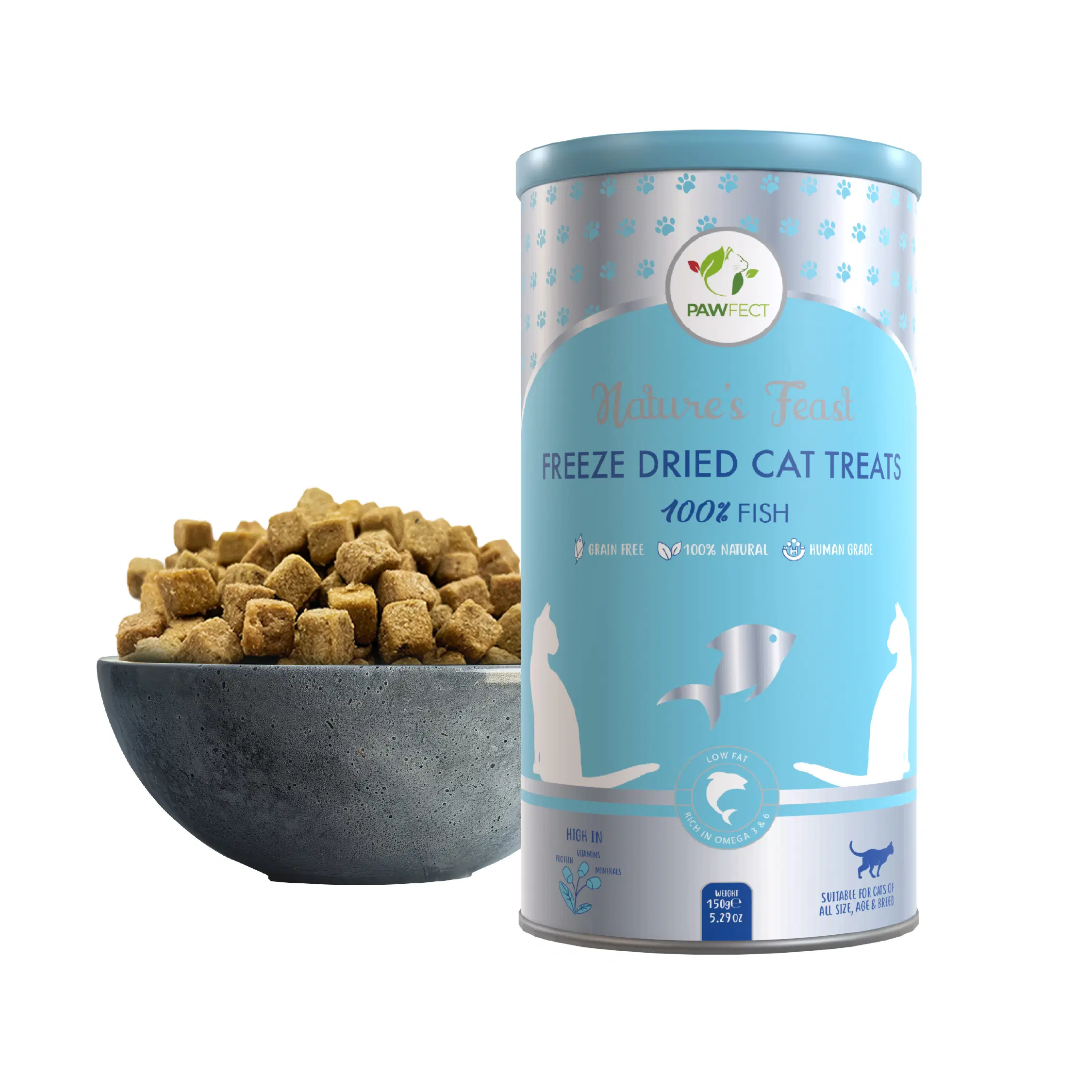 Pawfect Nature's Feast gefriergetrocknete Fischfleisch-Leckerlis für Katzen | Reich an Omega-3 für glänzendes Fell und Gelenkpflege | 100 % natürlich | Getreidefrei | Hypoallergen | Trainings-Leckerli (150 g/5.29 Unzen)