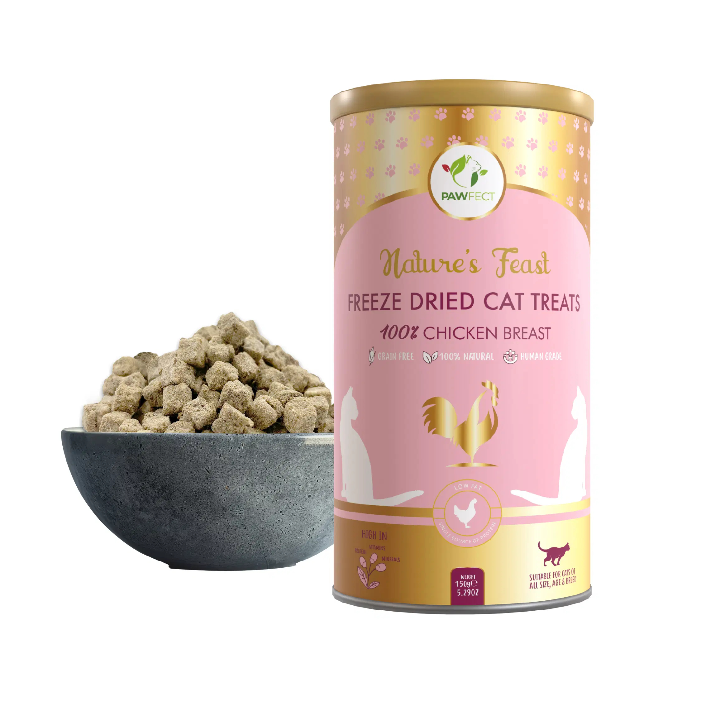 Pawfect Nature's Feast Gefriergetrocknete Hähnchenbrust-Leckerlis für Katzen | Fettarm für Gewichtskontrolle und Muskelaufbau | 100 % natürlich | Getreidefrei | Hypoallergen | Trainings-Leckerli (150 g/5.29 Unzen)