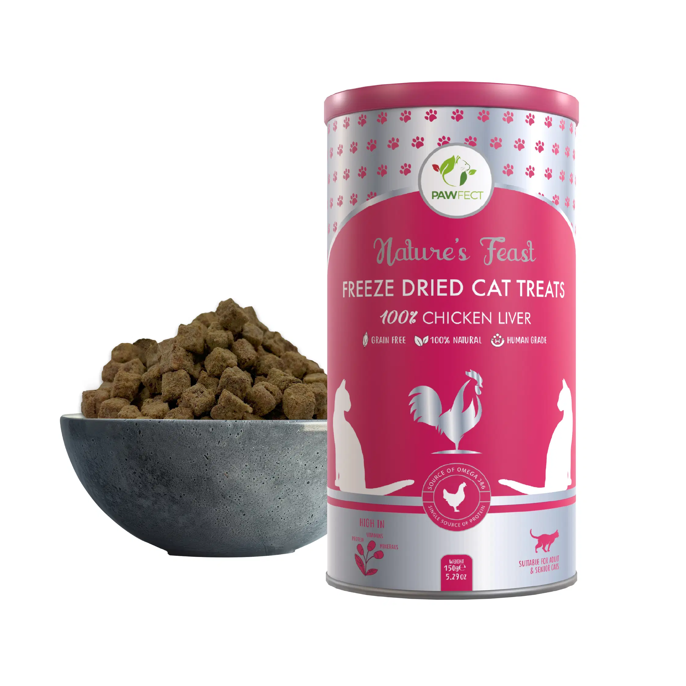 Pawfect Nature's Feast Gefriergetrocknete Hühnerleber-Leckerlis für Katzen | Nährstoffreich für Vitalität und Immunität | 100 % natürlich | Getreidefrei | Proteinreich | Trainings-Leckerli (150 g/5.29 Unzen)