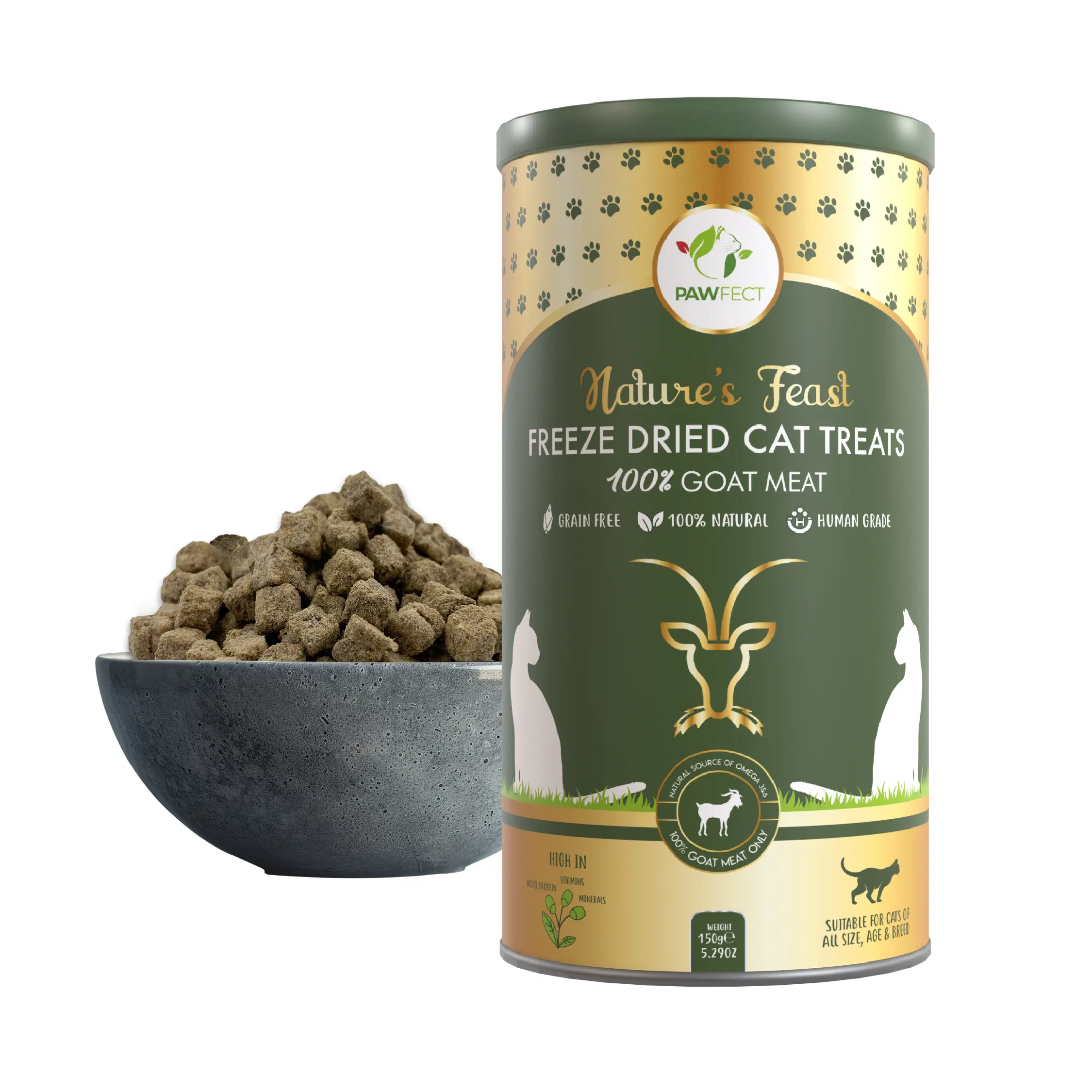 Pawfect Nature's Feast gefriergetrocknete Ziegenfleisch-Leckerlis für Katzen | 100 % natürlich | hypoallergen | leicht verdaulich | getreidefrei | Trainings-Leckerli | proteinreich | fettarm | Leckerlis mit nur einer Zutat (150 g/5.29 Unzen)