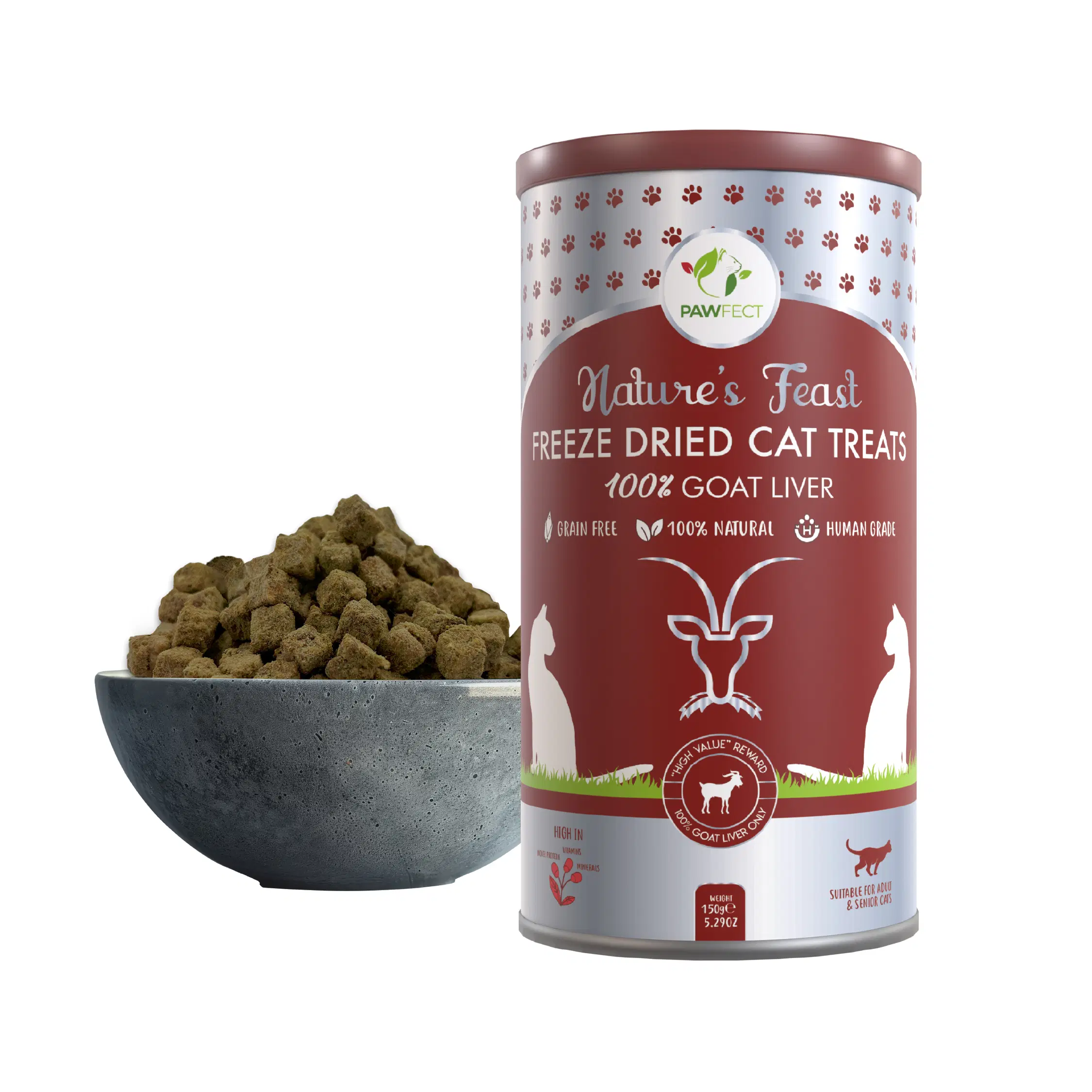 Pawfect Nature's Feast gefriergetrocknete Ziegenleber-Leckerlis für Katzen | 100 % natürlich | hypoallergen | leicht verdaulich | getreidefrei | Trainings-Leckerli | multifunktional | proteinreich | fettarm (150 g/5.29 Unzen)