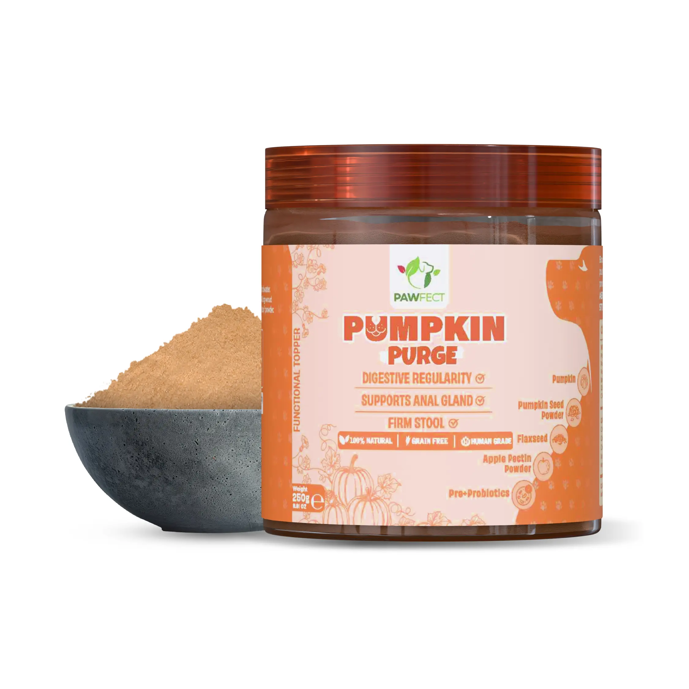 Pawfect Pumpkin Purge Tages-Topper für Hunde | 100 % natürlich | Angereichert mit Apfelpektinpulver, Leinsamen, Prä- und Probiotika | Regelmäßige Verdauung | Fester Stuhl | Unterstützt die Analdrüse (250 g/8).8 Unzen)