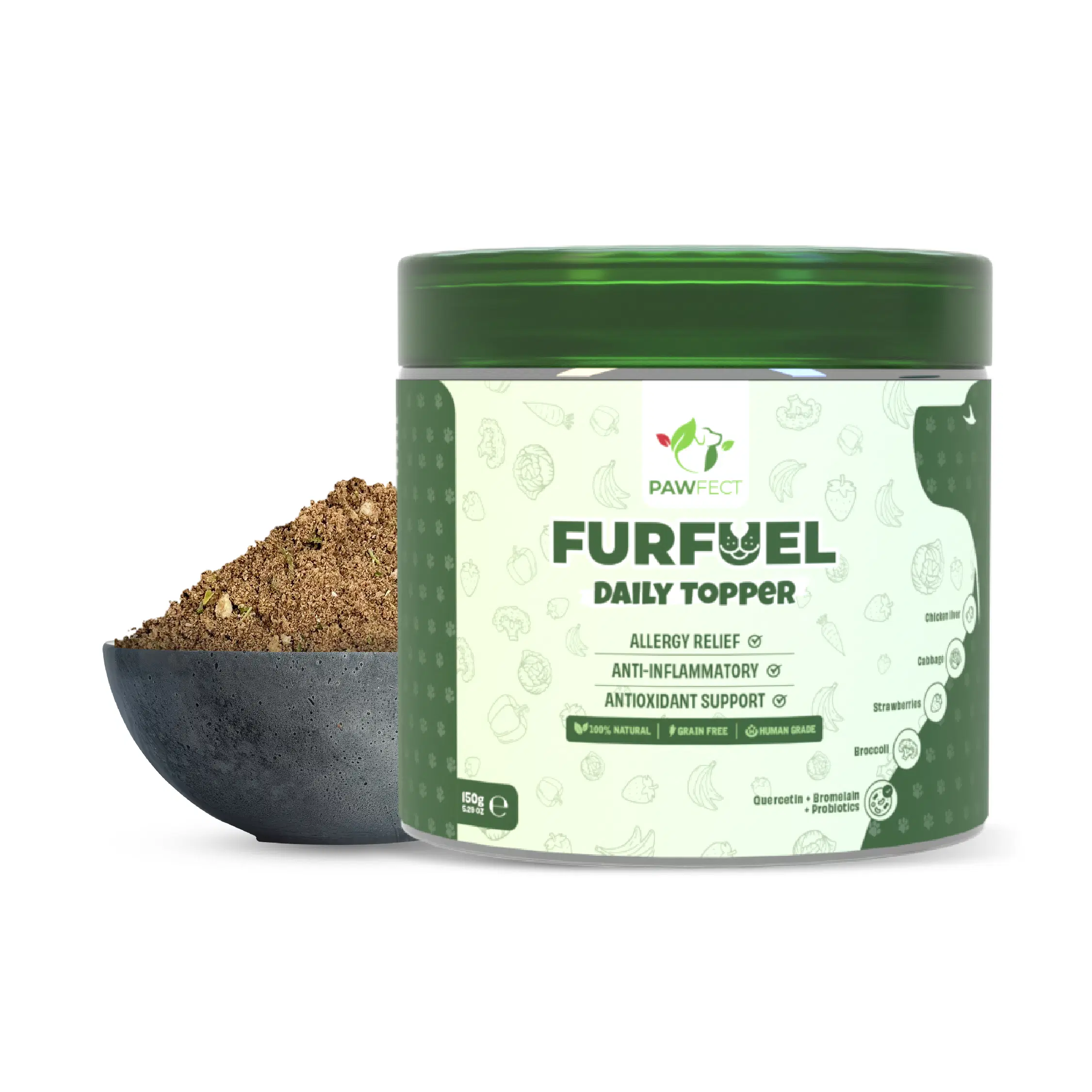 Pawfect Furfuel Daily Topper für Hunde | Proprietäre Mischung zur Linderung von Allergien | 100 % natürlich | Angereichert mit Bromelain, Brokkoli und Quercetin | Entzündungshemmend | Antioxidative Unterstützung (150 g/5.29 Unzen)
