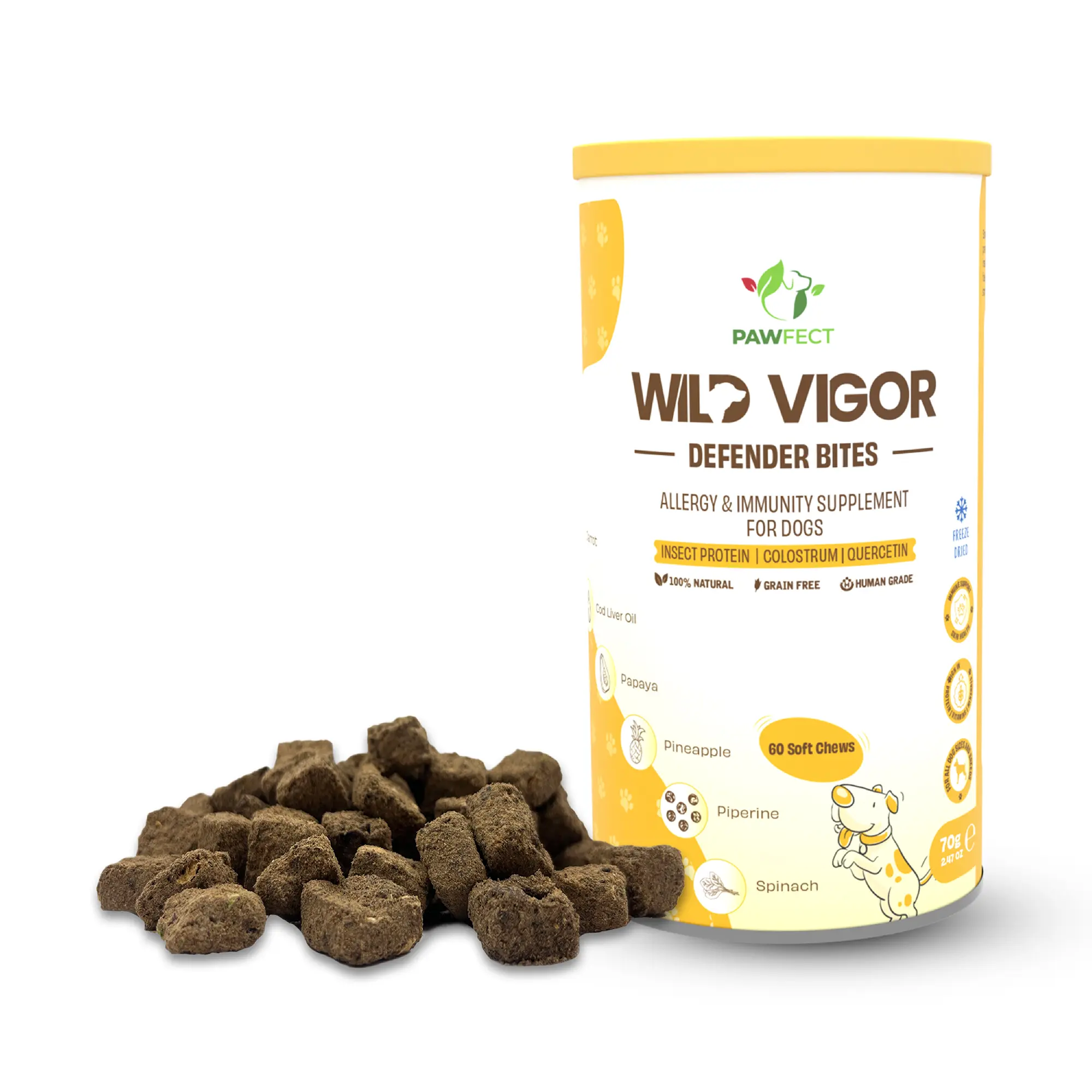 Pawfect Wild Vigor Defender Bites | Allergie- und Immunitätsergänzung für Hunde | Omega-3-Boost | 100 % natürlich | Getreidefrei | Angereichert mit Insektenprotein, Kolostrum, Quercetin und Biotin (70 g/2.46 oz)