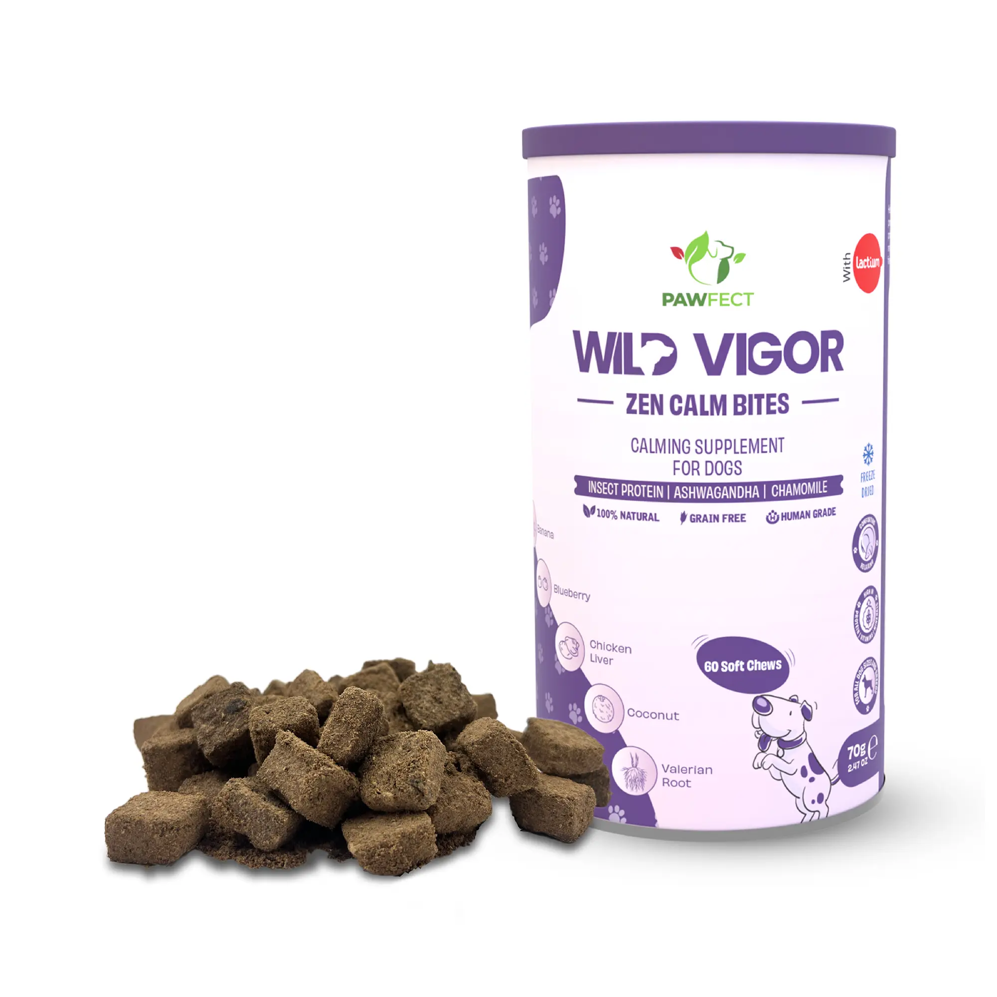 Pawfect Wild Vigor Zen Calm Bites | Beruhigendes Ergänzungsmittel für Hunde | Ganz natürlich | Getreidefrei | Angereichert mit Insektenprotein, Kamille, Baldrianwurzel, Ashwagandha und Cholin (70 g/2.46 oz)