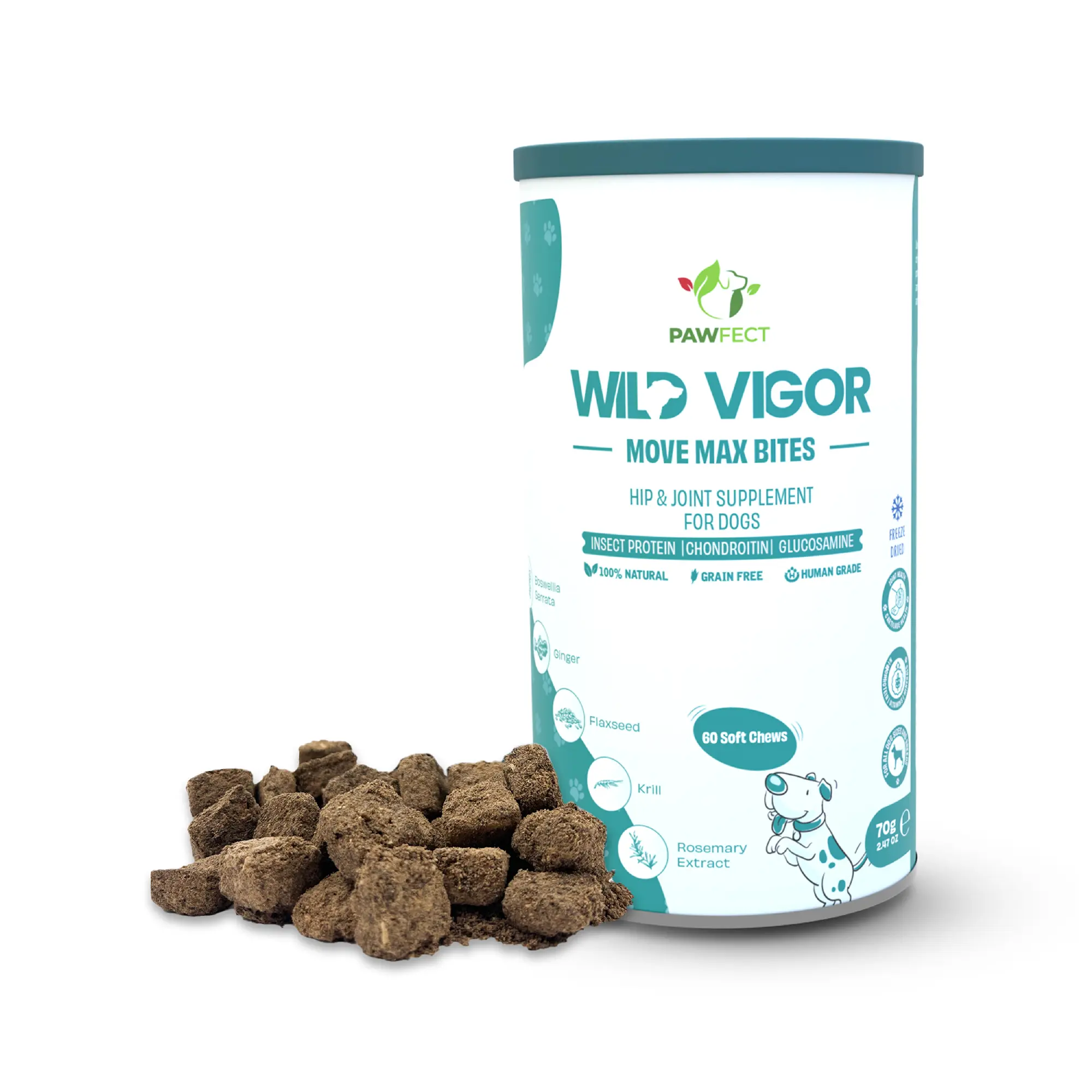 Pawfect Wild Vigor Move Max Bites | Hüft- und Gelenkergänzung für Hunde | Mobilität | Ganz natürlich | Getreidefrei | Angereichert mit Insektenprotein, Chondroitin, Glucosamin HCL und Hagebuttenextrakt (70 g/2.46 oz)