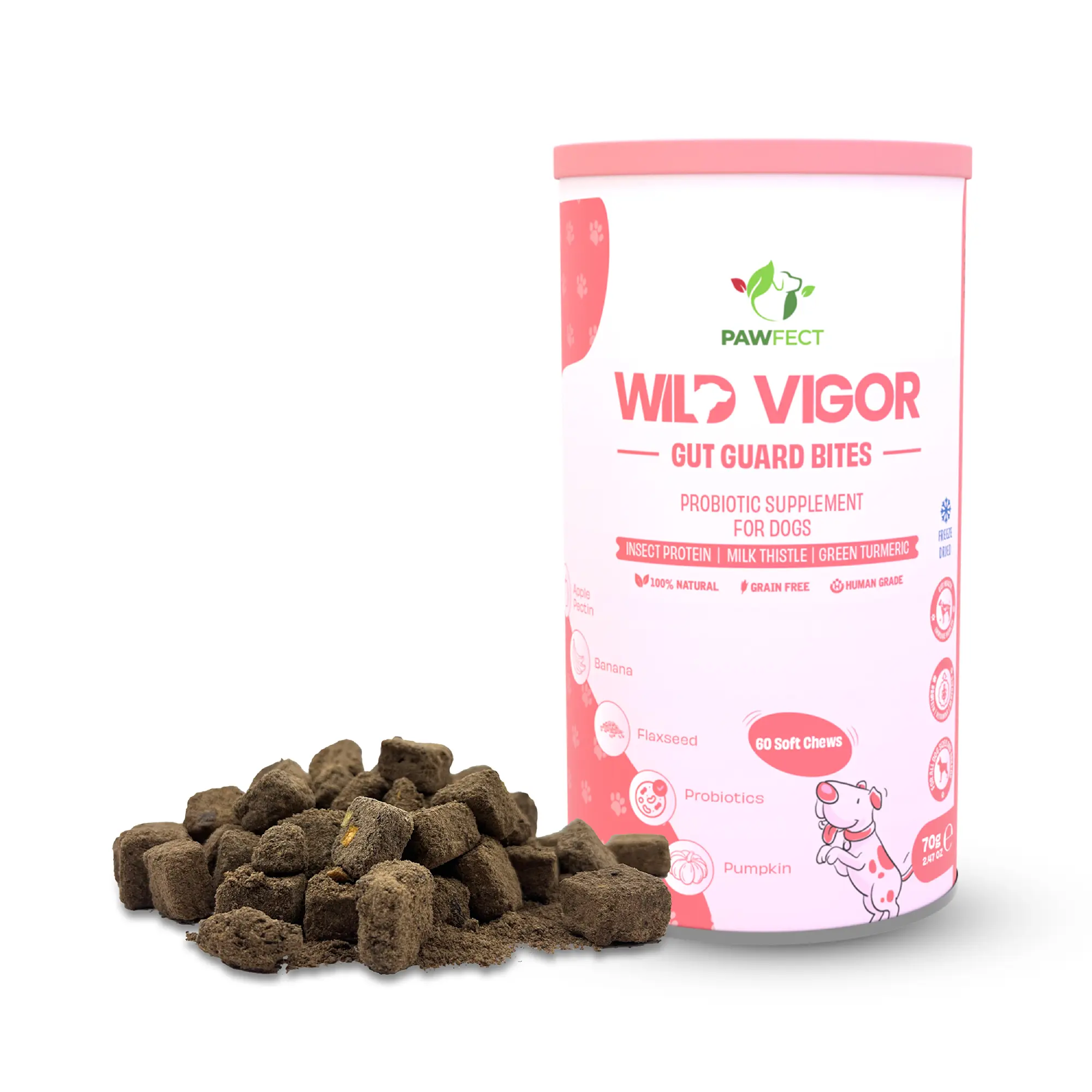 Pawfect Wild Vigor Gut Guard Bites | Probiotisches Ergänzungsfuttermittel für Hunde | Ganz natürlich | Getreidefrei | Angereichert mit Insektenprotein, Mariendistel, grüner Kurkuma und Löwenzahnwurzel (70 g/2.46 oz)