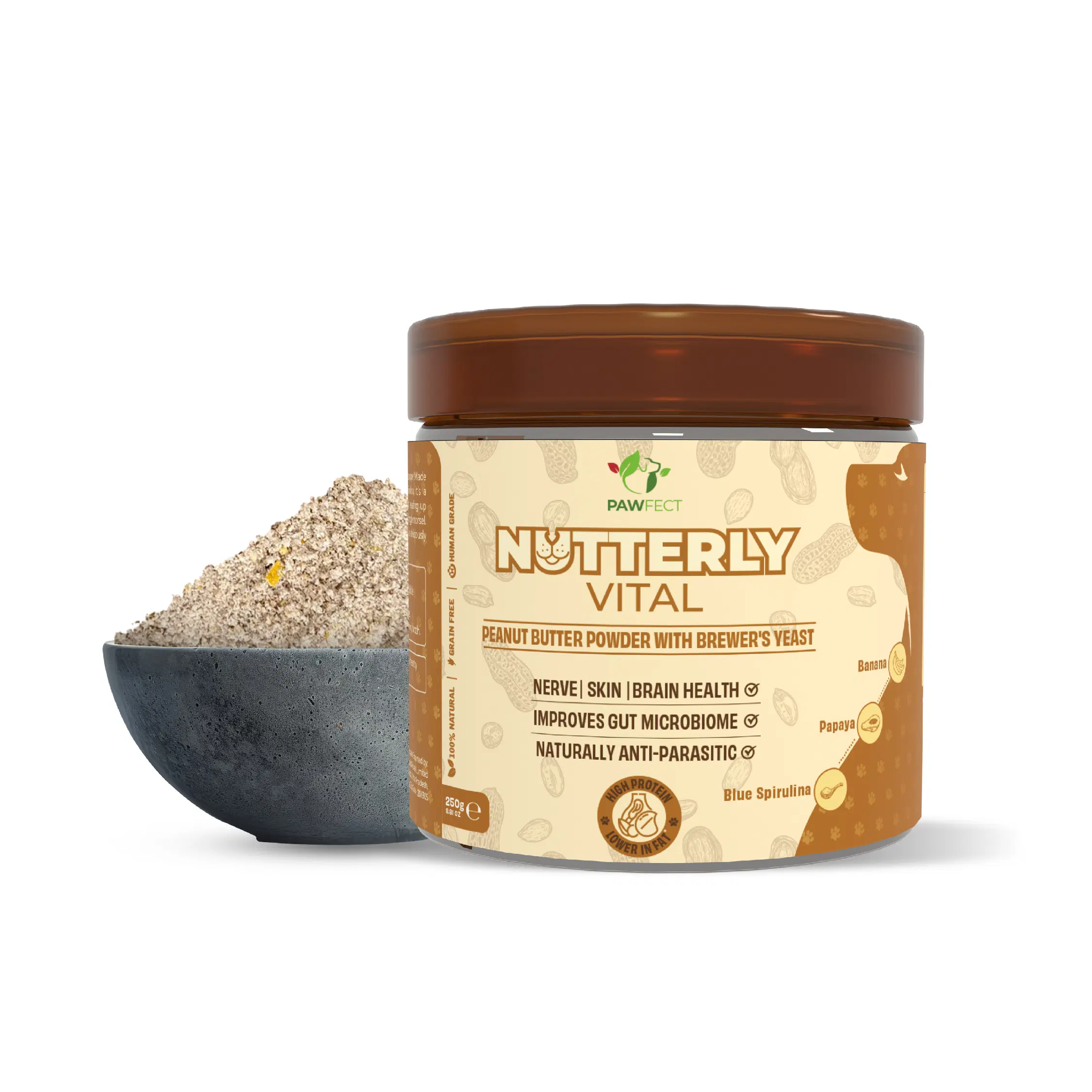 Pawfect Nutterly Vital Erdnussbutterpulver | Tägliches Topping für Hunde | Ganz natürlich | Bierhefe und blaue Spirulina | Verbessert die Gesundheit von Nerven, Haut, Gehirn und Darmmikrobiom | Antiparasitär (250 g/8.82 Unzen)