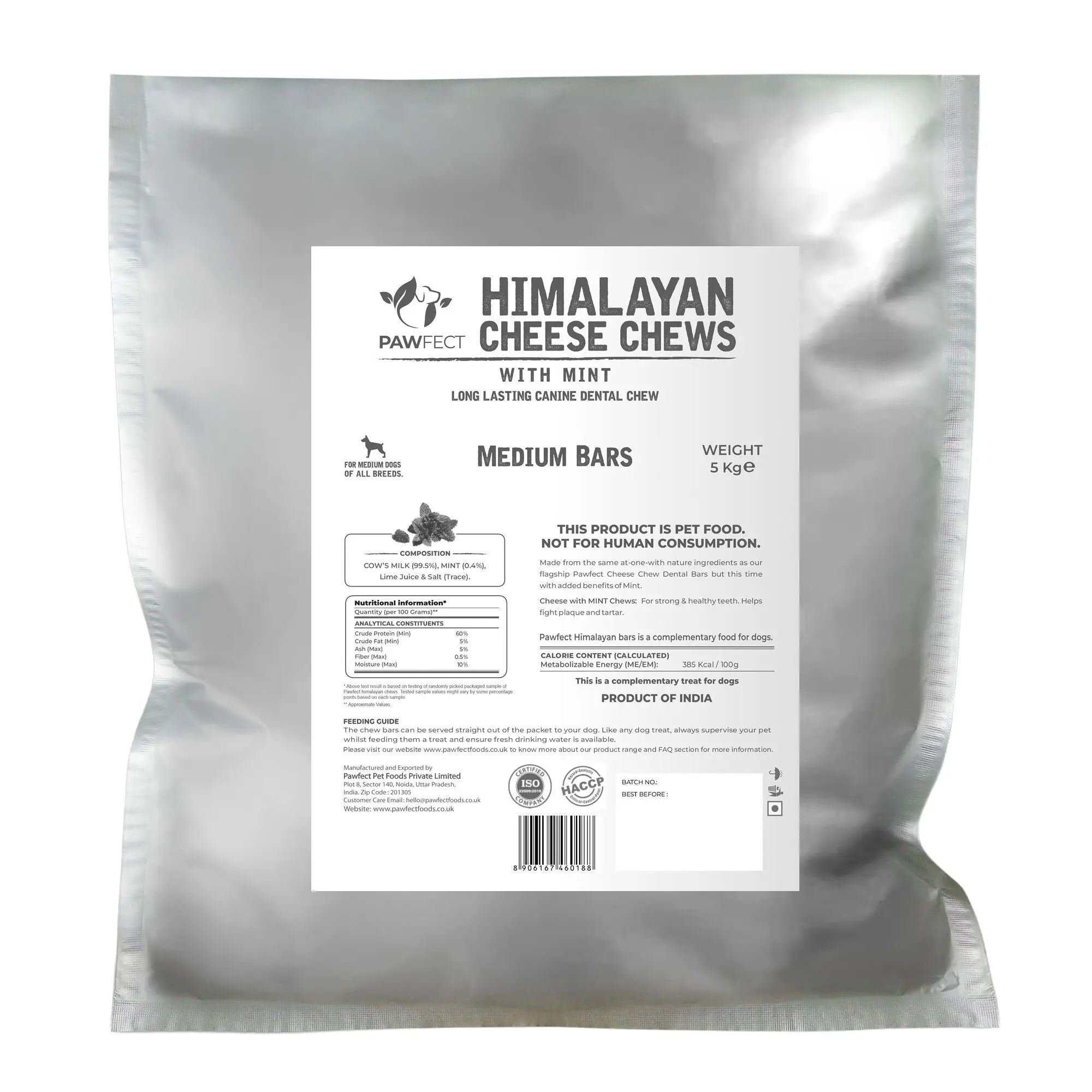 Pawfect Himalaya-Käse-Kauartikel mit Minze für mittelgroße Hunde | 100 % natürlicher Zahnpflege-Stick | Reinigt die Zähne | Entfernt Plaque und Zahnstein | Proteinreich | Getreidefrei | Lang anhaltender Kausnack | Großpackung (5 kg/176,37 Unzen)