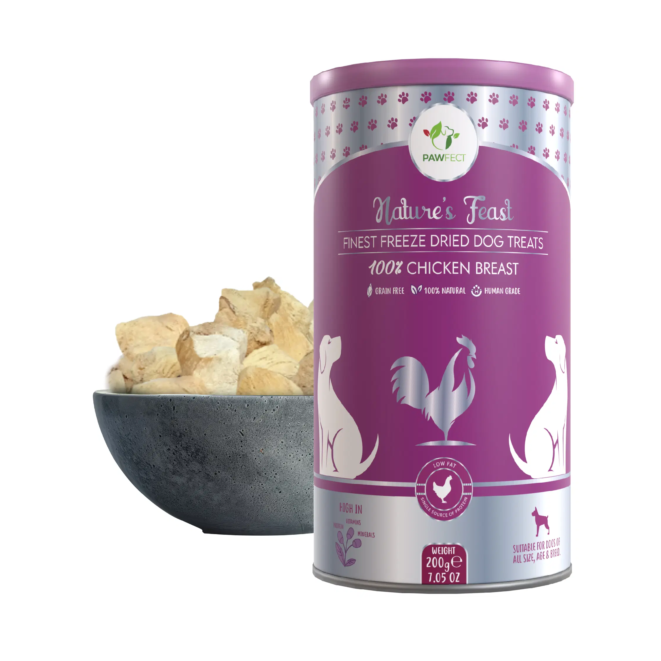 Pawfect Nature's Feast Gefriergetrocknete Hähnchenbrust-Leckerlis für Hunde | Fettarm für Gewichtskontrolle und Muskelpflege | 100 % natürlich | Getreidefrei | Hypoallergen | Trainings-Leckerli (200 g/7,5 g)05 oz)