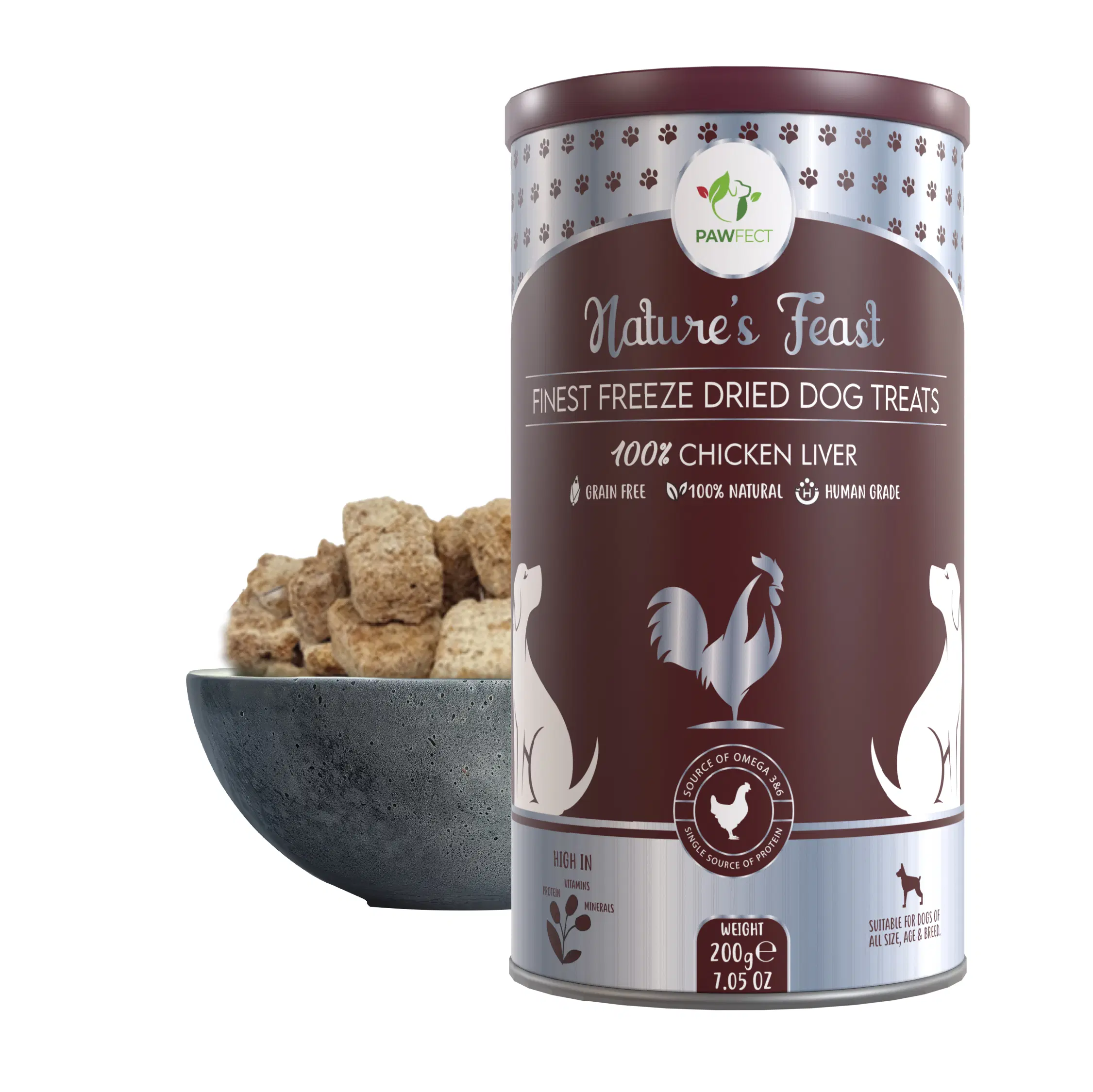 Pawfect Nature's Feast Gefriergetrocknete Hühnerleber-Leckerlis für Hunde | Nährstoffreich für Vitalität und Immunität | 100 % natürlich | Getreidefrei | Proteinreich | Trainings-Leckerli (200 g/7,5 g)05 oz)